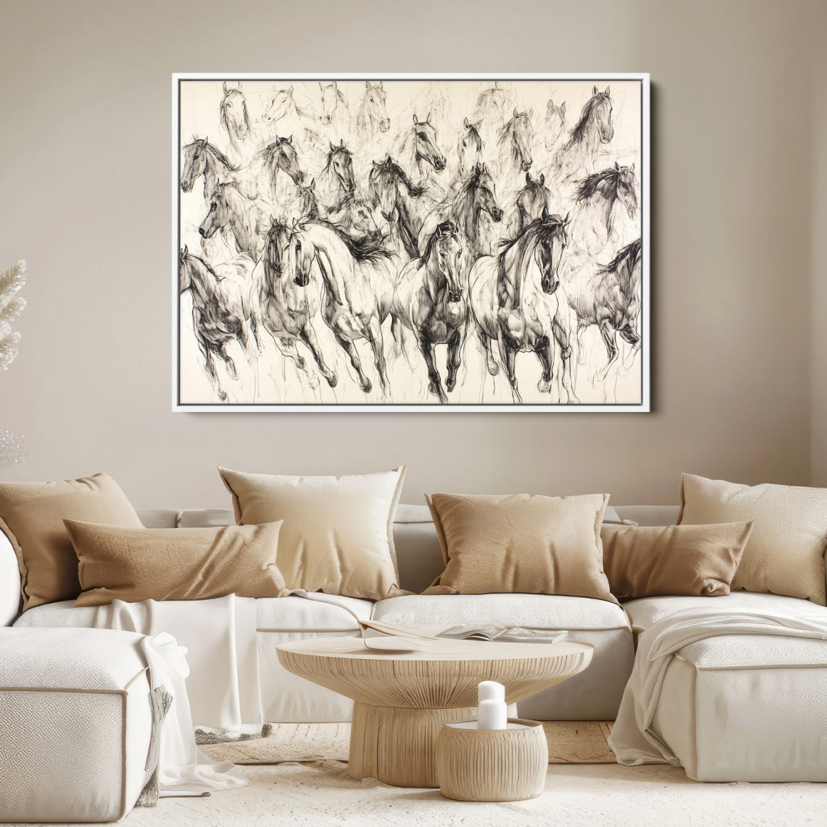19433417-MGV-FC-36X24-Running Horses Wall Art Canvas Print – Framed Galloping Herd Dynamic Equestrian Sketch Nature Artwork for Home Office