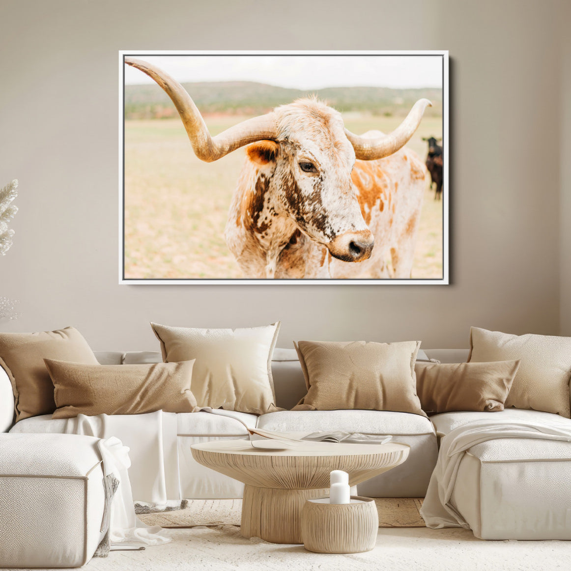21060648-MGV-FC-36X24-Texas Longhorn Wall Art Canvas Print, Framed Speckled Cow Art Picture Print, Rustic Bull Perfect