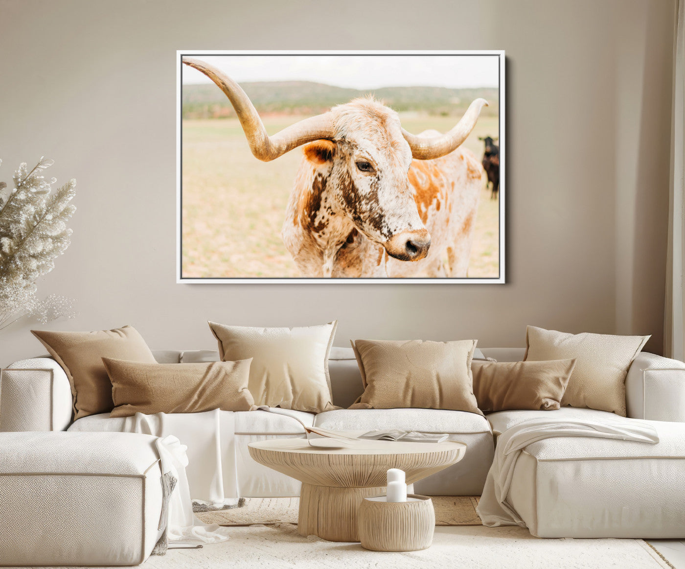 21060648-MGV-FC-36X24-Texas Longhorn Wall Art Canvas Print – Framed Speckled Cow Rustic Bull Western Farmhouse Animal Artwork for Home Office