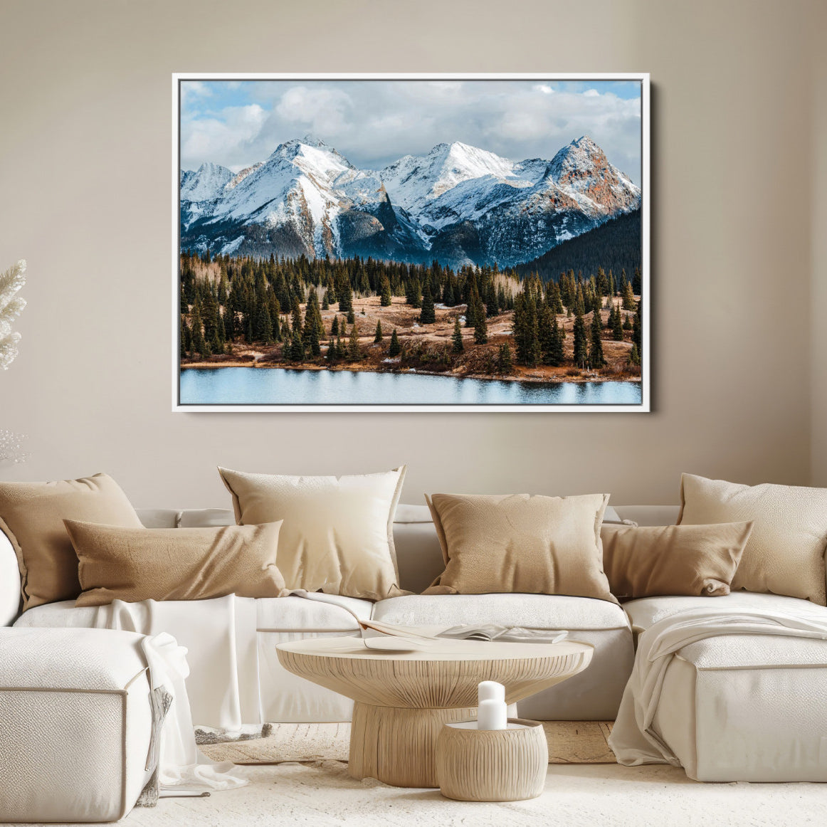 36247746-MGV-FC-36X24-Snowy Peaks Wall Art Canvas Print, Framed Alpine Lake Art Picture Print, Pine Forest Perfect Alpine