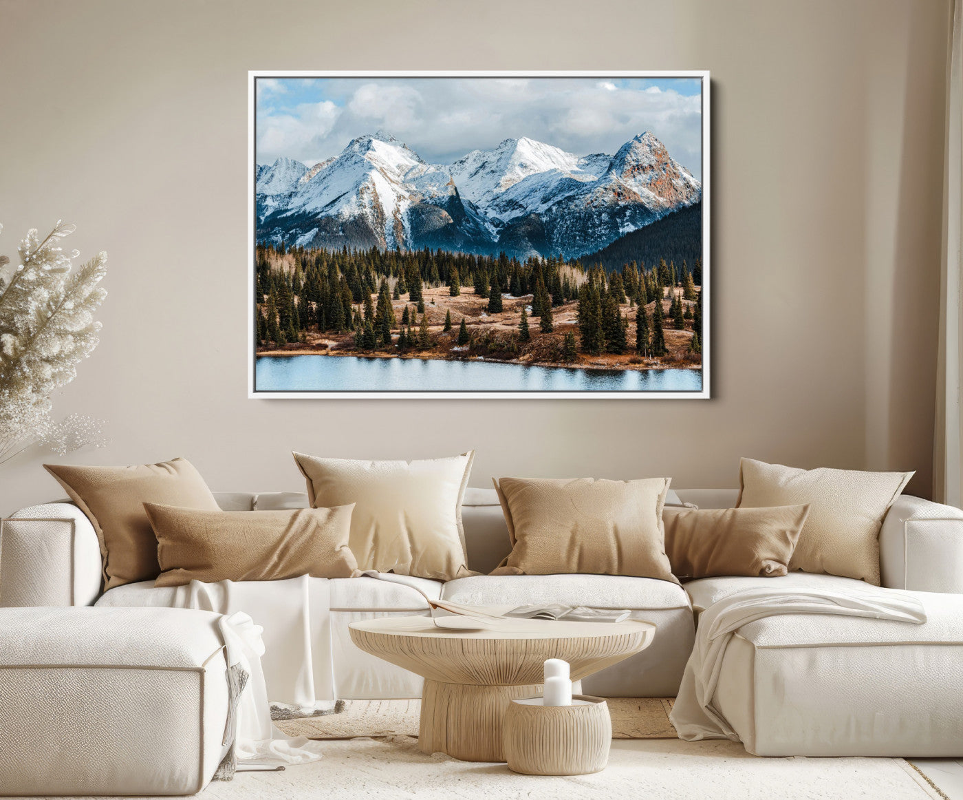36247746-MGV-FC-36X24-Snowy Peaks Wall Art Canvas Print, Framed Alpine Lake Art Picture Print, Pine Forest Perfect Alpine