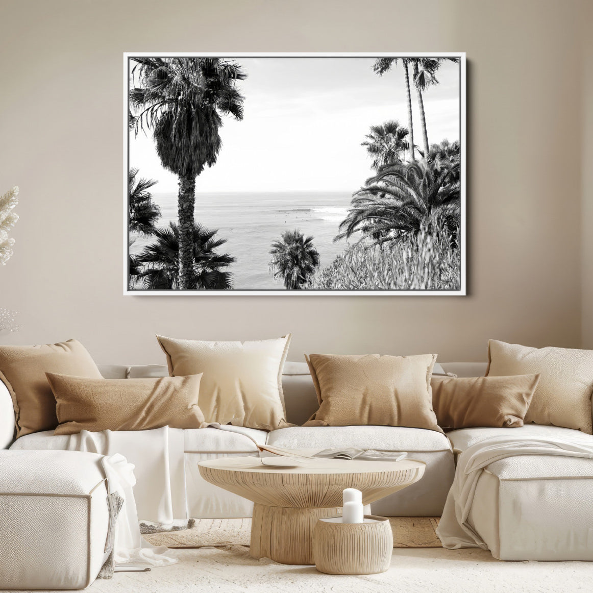 89458520-MGV-FC-36X24-Palm Trees Wall Art Canvas Print, Framed Coastal Art Picture Print, Ocean Horizon Perfect Monochrome Coast Decor