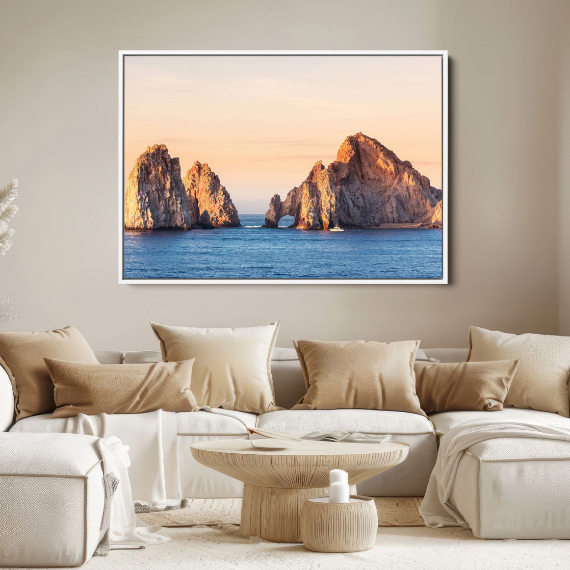 72996116-MGV-FC-36X24-El Arco Wall Art Canvas Print, Framed Cabo Rocks Art Picture Print, Ocean Arch Perfect Golden