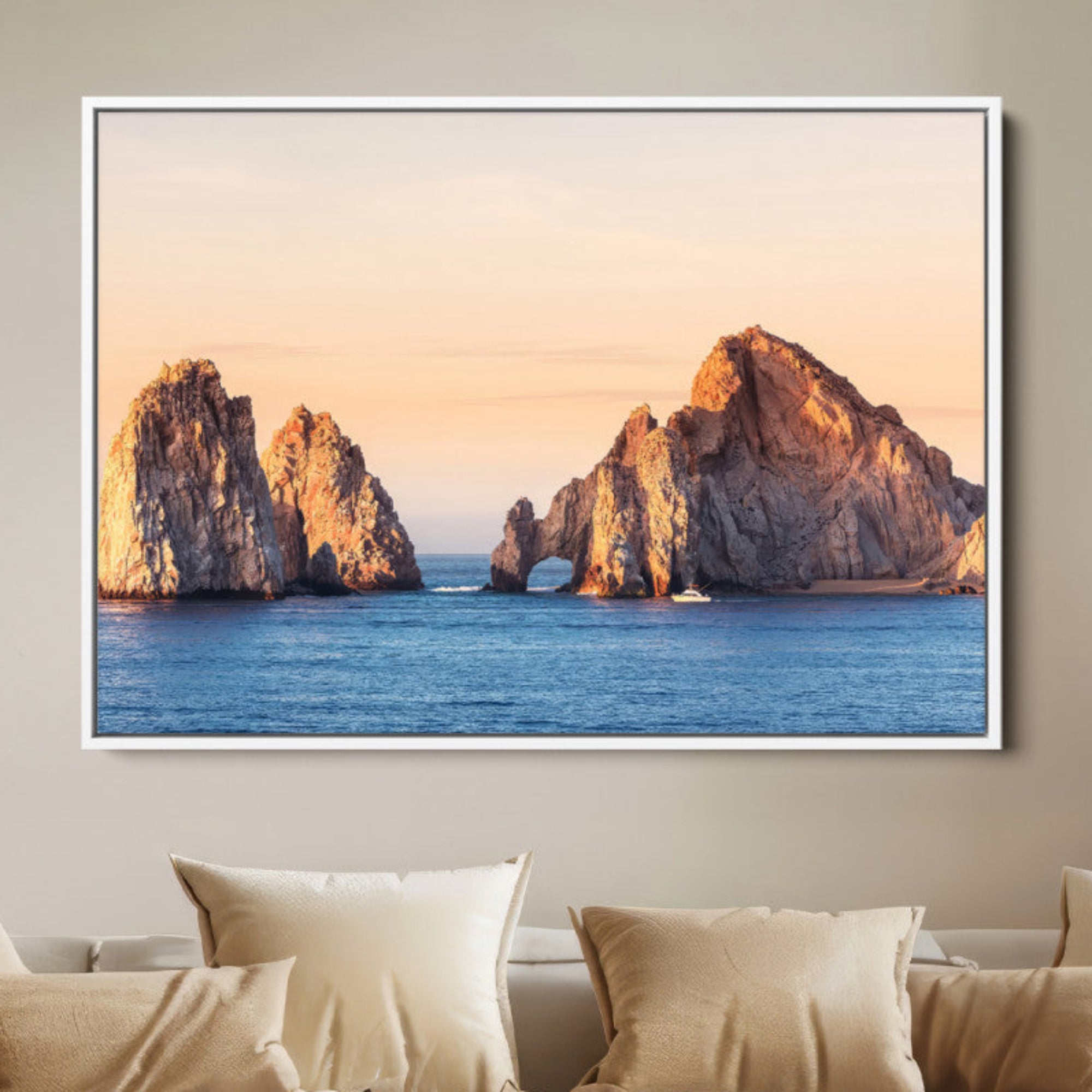 72996116-MGV-FC-36X24-El Arco Wall Art Canvas Print – Framed Cabo San Lucas Ocean Arch Golden Rock Coastal Landscape Artwork for Home Office