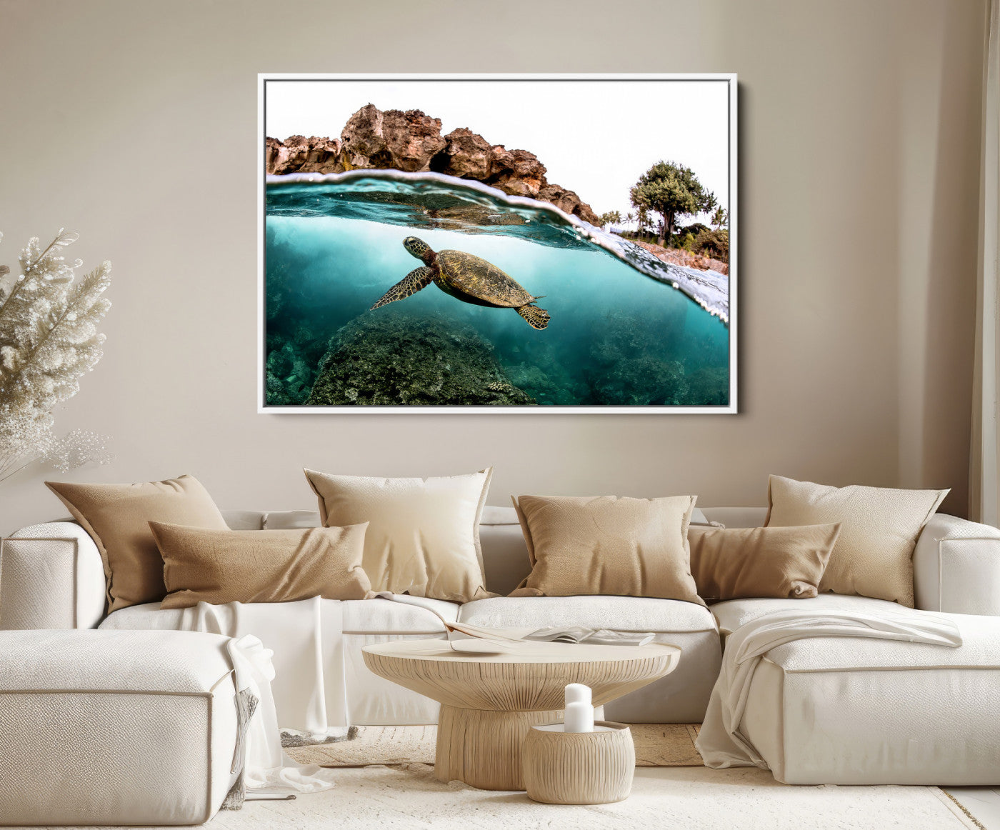 44200301-MGV-FC-36X24-Sea Turtle Wall Art Canvas Print, Framed Ocean Life Art Picture Print, Tropical Perfect Coastal