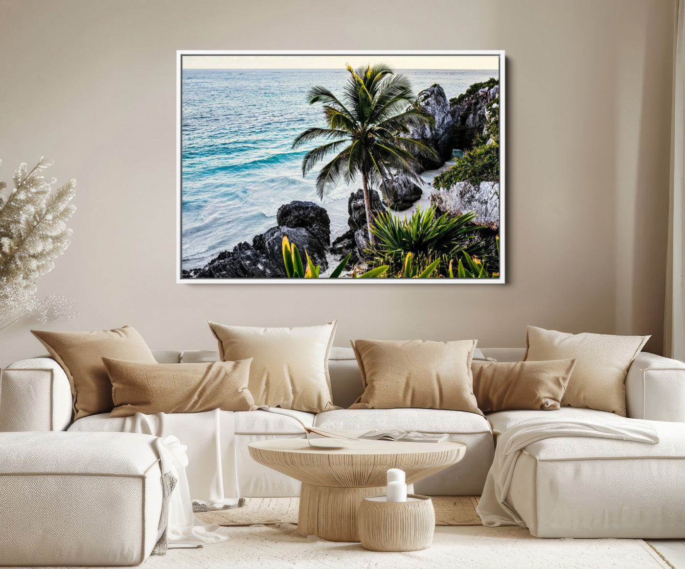 94669907-MGV-FC-36X24-Tropical Coastline Wall Art Canvas Print – Framed Palm Tree and Rocky Beach Scene Artwork for Home, Office Decor