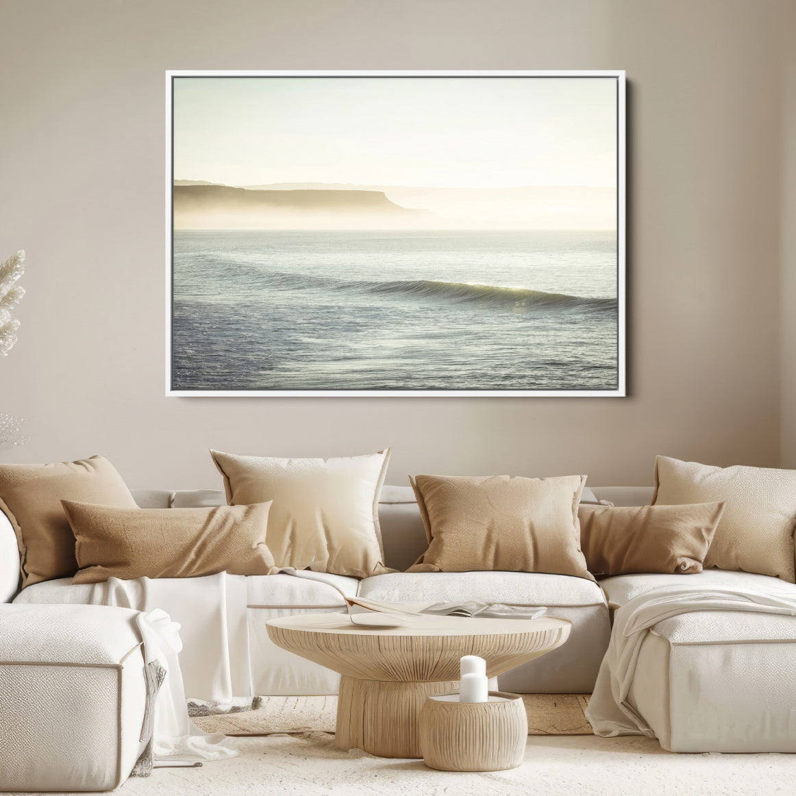 39310633-MGV-FC-36X24-Coastal Cliffs Wall Art Canvas Print, Framed Misty Ocean Art Picture Print, Soft Morning Perfect