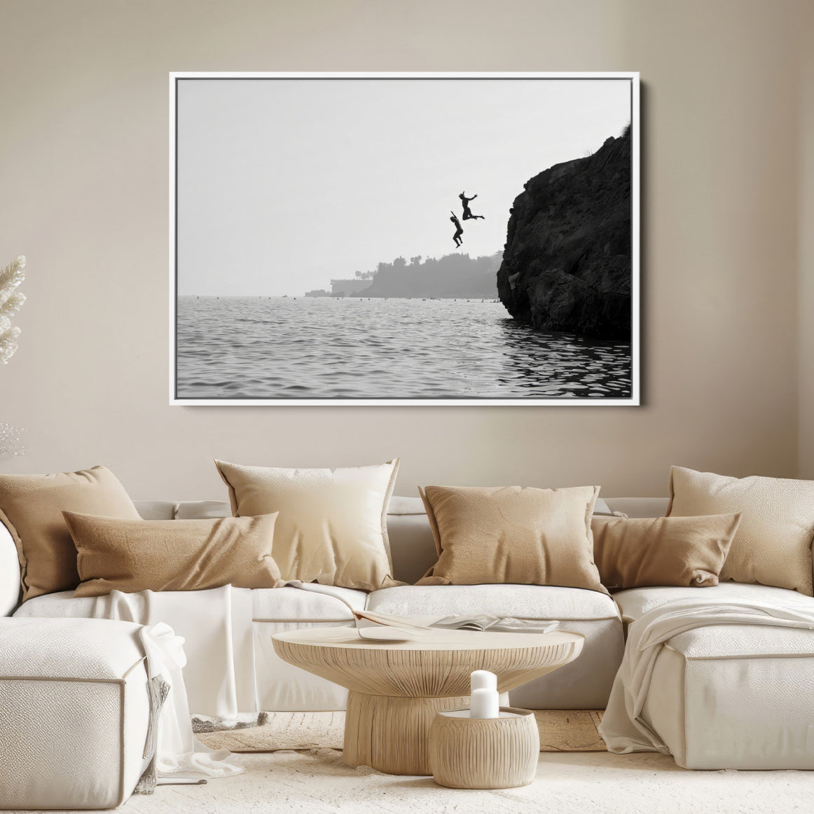 52284302-MGV-FC-36X24-Jumping Wall Art Canvas Print – Framed Coastal Ocean Scene Artwork for Relaxing Beach Home, Office Decor