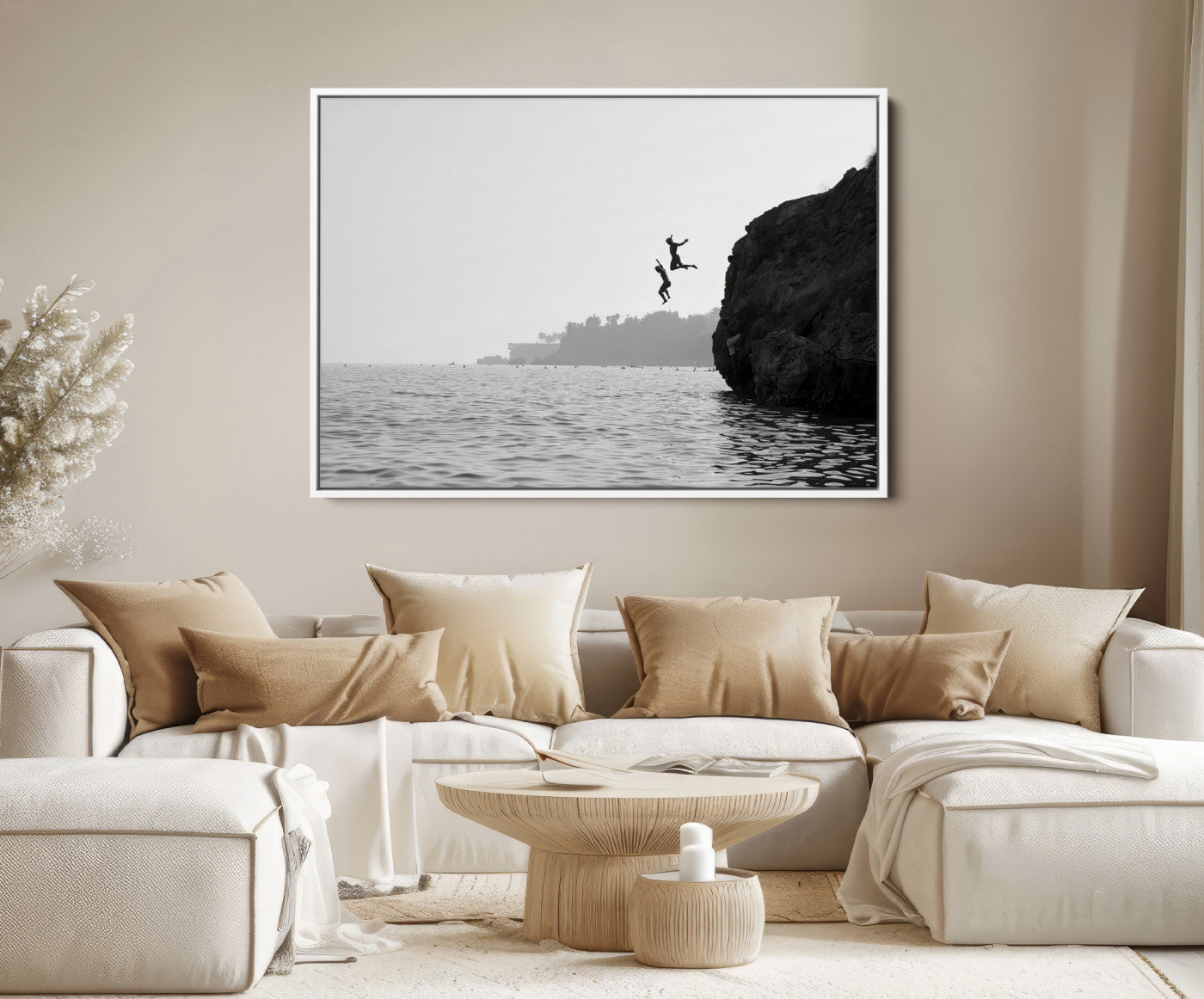 52284302-MGV-FC-36X24-Jumping Wall Art Canvas Print – Framed Coastal Ocean Scene Artwork for Relaxing Beach Home, Office Decor