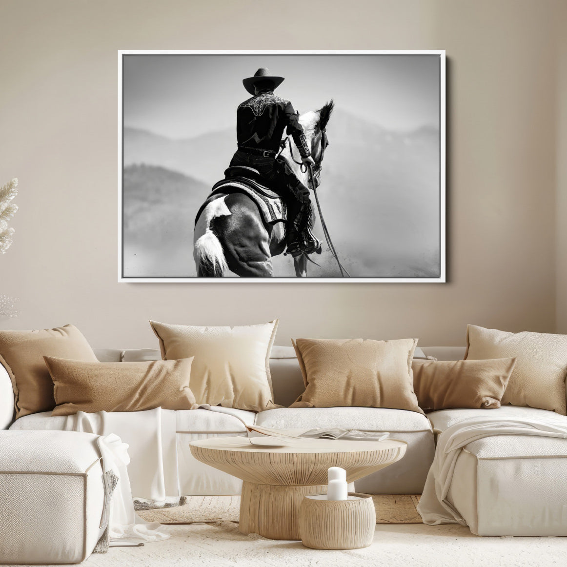 83102464-MGV-FC-36X24-Western Wall Art Canvas Print – Framed Cowboy and Horse Scene Artwork for Rustic Western Home, Office Decor