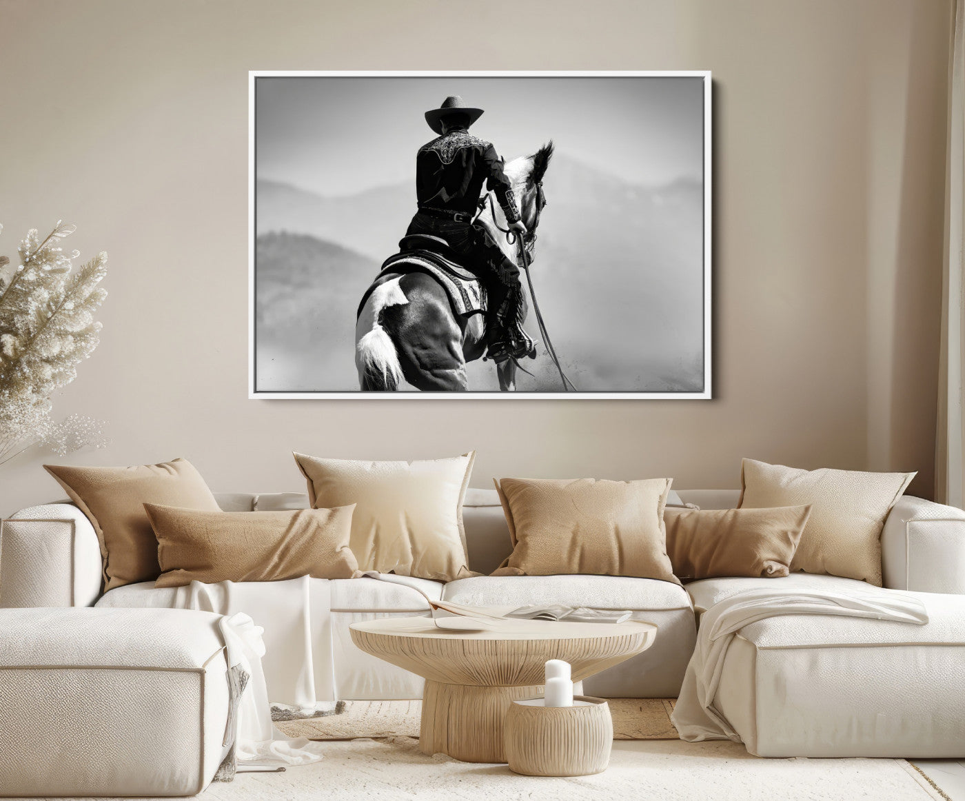 83102464-MGV-FC-36X24-Western Wall Art Canvas Print – Framed Cowboy and Horse Scene Artwork for Rustic Western Home, Office Decor