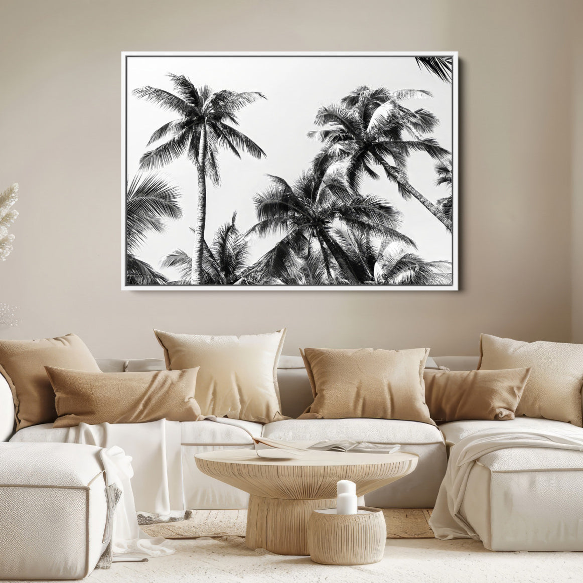 46641801-MGV-FC-36X24-Palm Wall Art Canvas Print – Framed Monochrome Tropical Scene Artwork for Minimalist Home, Office, Living Room Decor