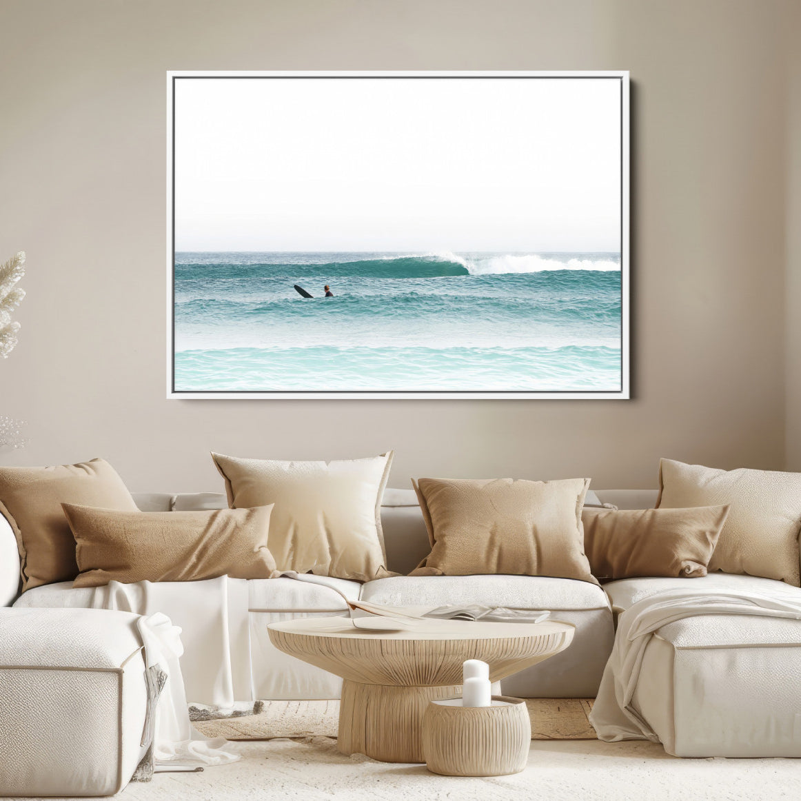 56345117-MGV-FC-36X24-Surfing Wall Art Canvas Print – Framed Ocean Waves Minimalist Beach Artwork for Living Room Bedroom Office, Living Room