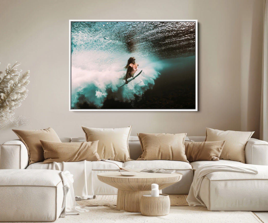 Vibrant Aquatic Motion Wall Art Canvas Print, Framed Underwater Female Surfer Diving Art