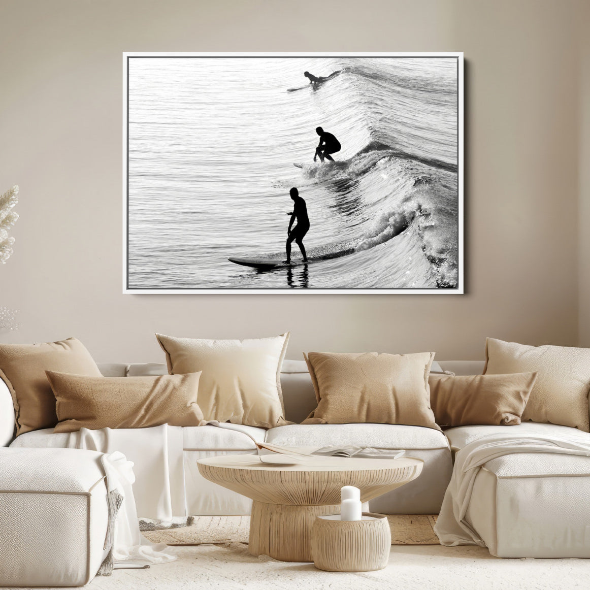 19875284-MGV-FC-36X24-Surfers on Waves Wall Art Canvas Print – Framed Black and White Surf Ocean Monochrome Beach Artwork for Home, Office