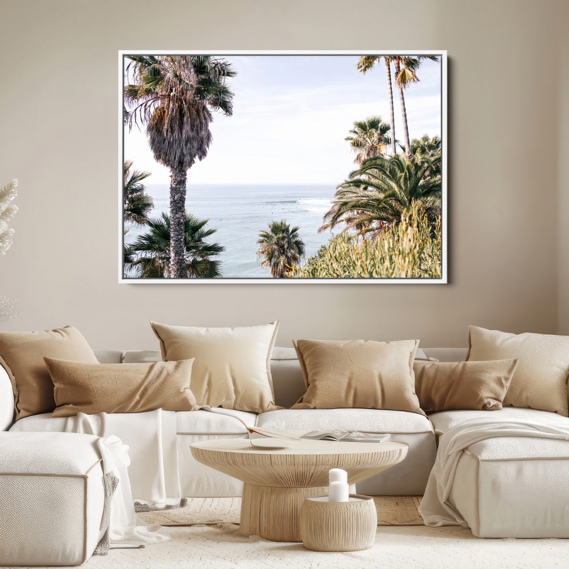 51404565-MGV-FC-36X24-Coastal Palm Trees Wall Art Canvas Print – Framed Ocean Breeze Tropical Scene Artwork for Relaxing Home, Office Decor