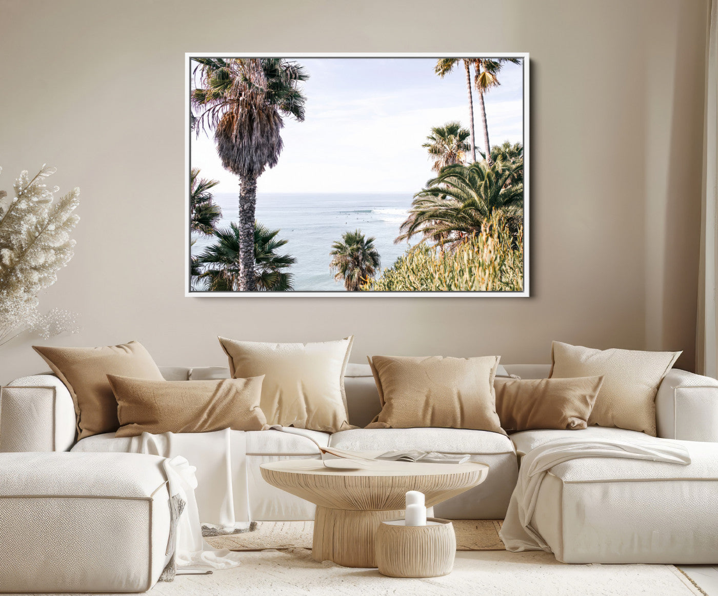 51404565-MGV-FC-36X24-Coastal Palm Trees Wall Art Canvas Print – Framed Ocean Breeze Tropical Scene Artwork for Relaxing Home, Office Decor