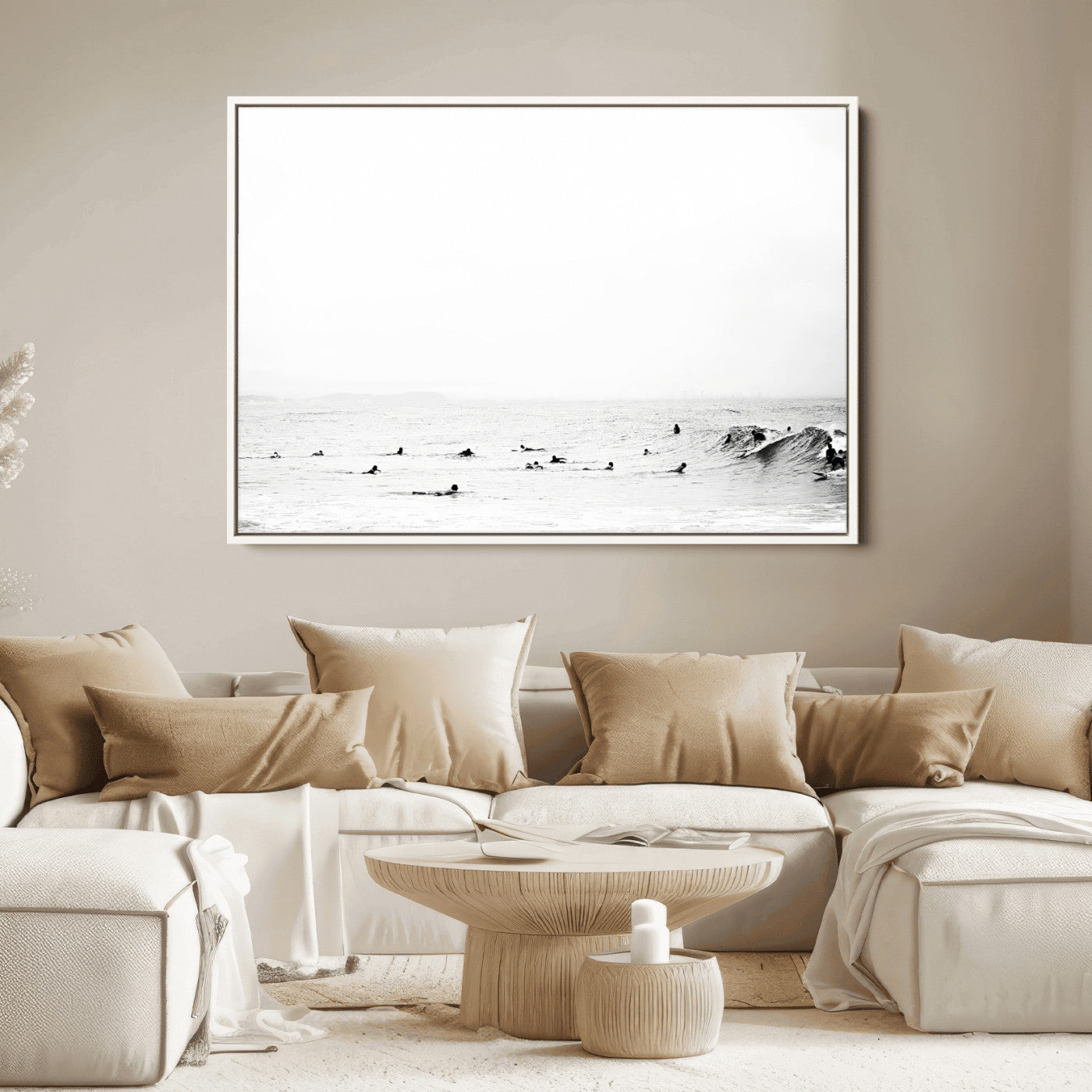 38441169-MGV-FC-36X24-Monochrome Swimming Wall Art Canvas Print – Framed Ocean Horizon Art Picture Moody Coastal Artwork for Home Office