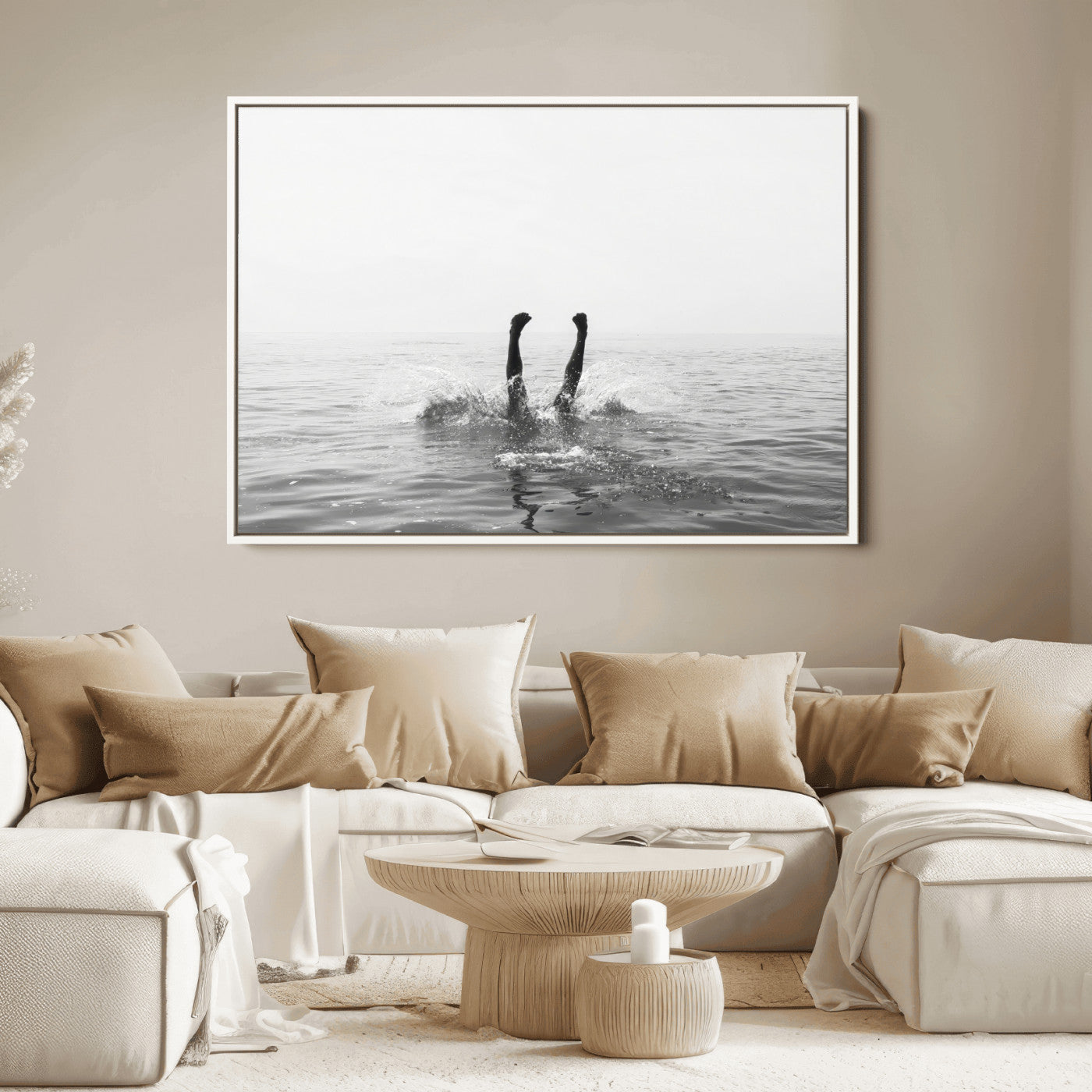 26667396-MGV-FC-36X24-Black White Ocean Wall Art Canvas Print – Framed Monochrome Water Scene with Diving Artwork for Home, Office