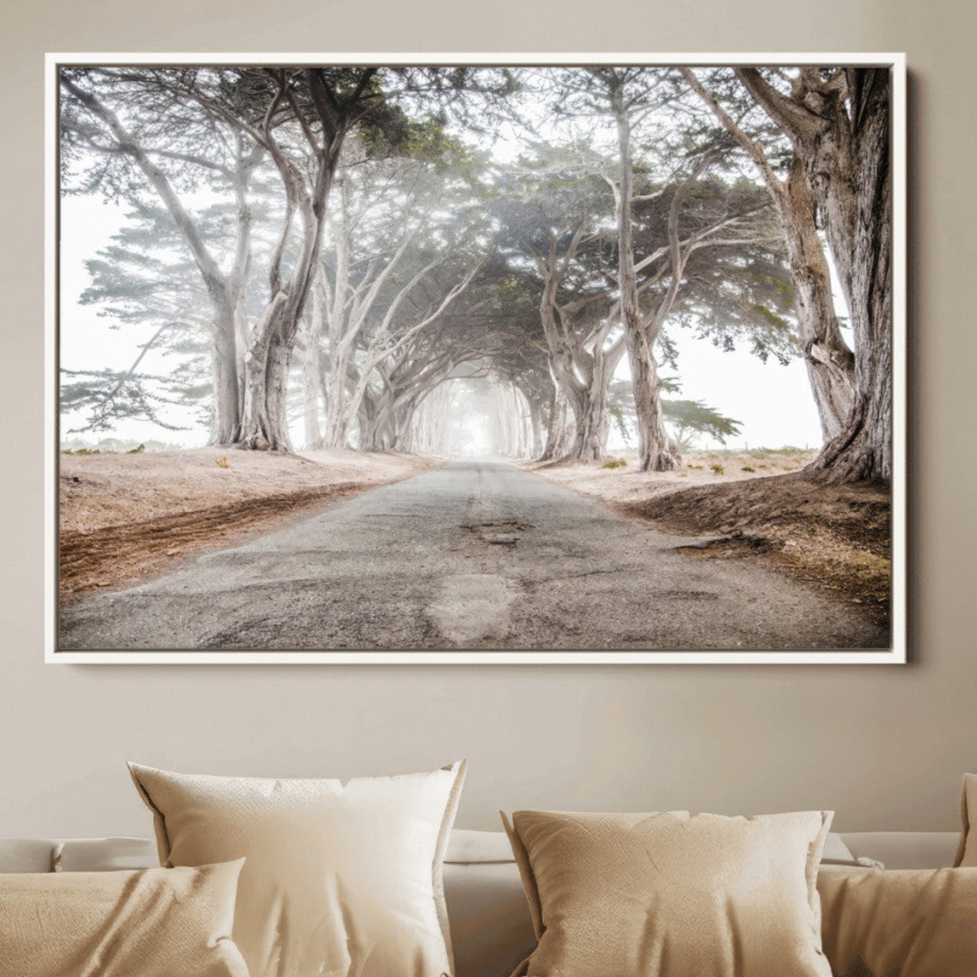 87750525-MGV-CV-36X24-Cypress Tunnel Wall Art Canvas Print – Framed Misty Road Art Picture Foggy Trees Artwork for Home, Office, Living Room