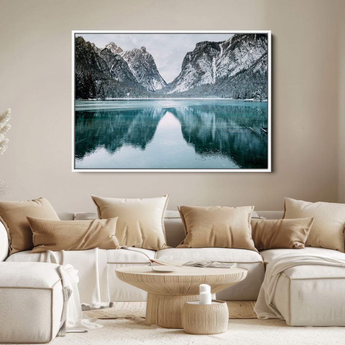 73098373-MGV-FC-36X24-Mountain Lake Wall Art Canvas Print – Snowy Peaks Winter Wonderland Scene Serene Nature Landscape Artwork for Home Office