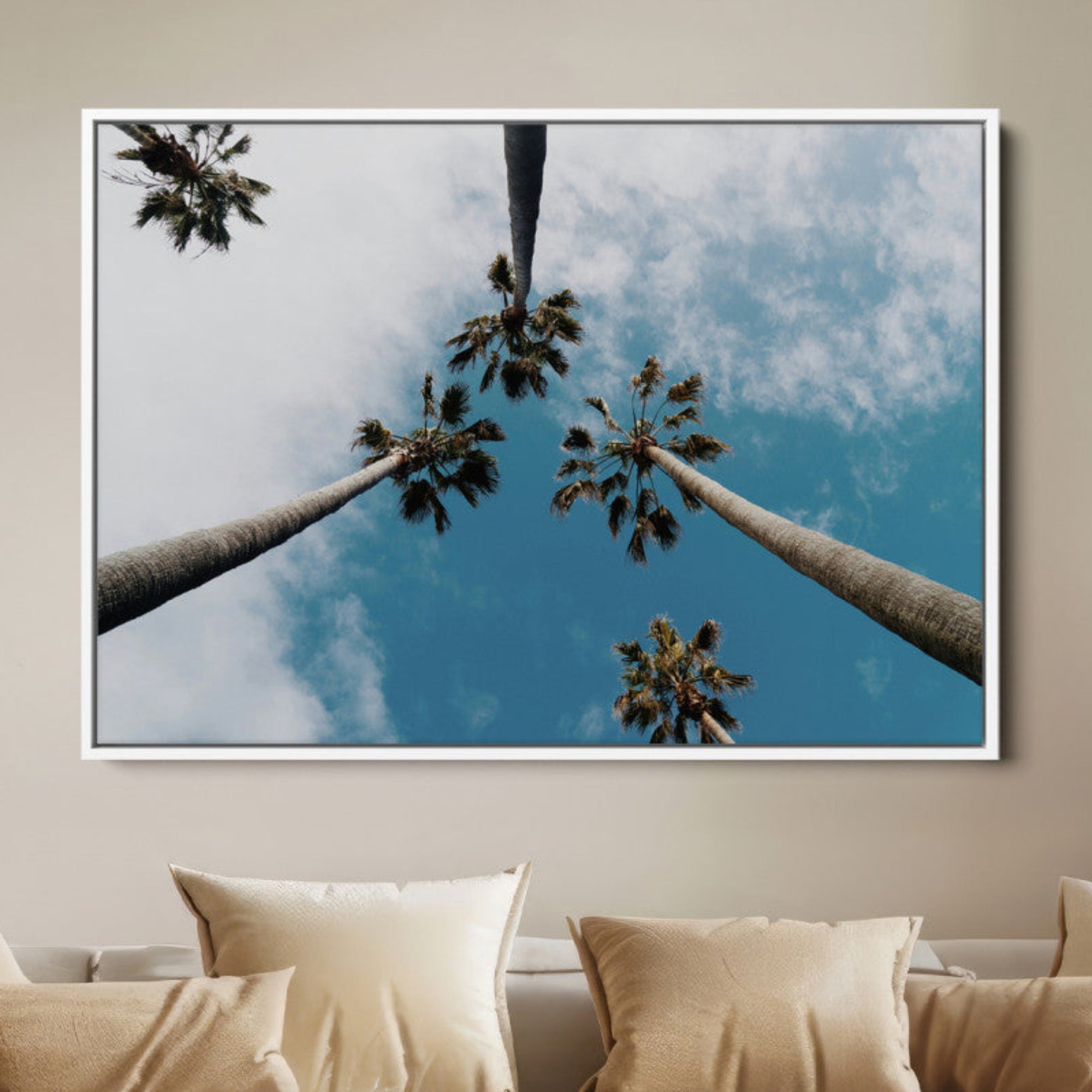 45236398-MGV-FC-36X24-Tropical Palm Trees Wall Art Canvas Print – Framed California Sky Minimalist Nature Scene Artwork for Home Office