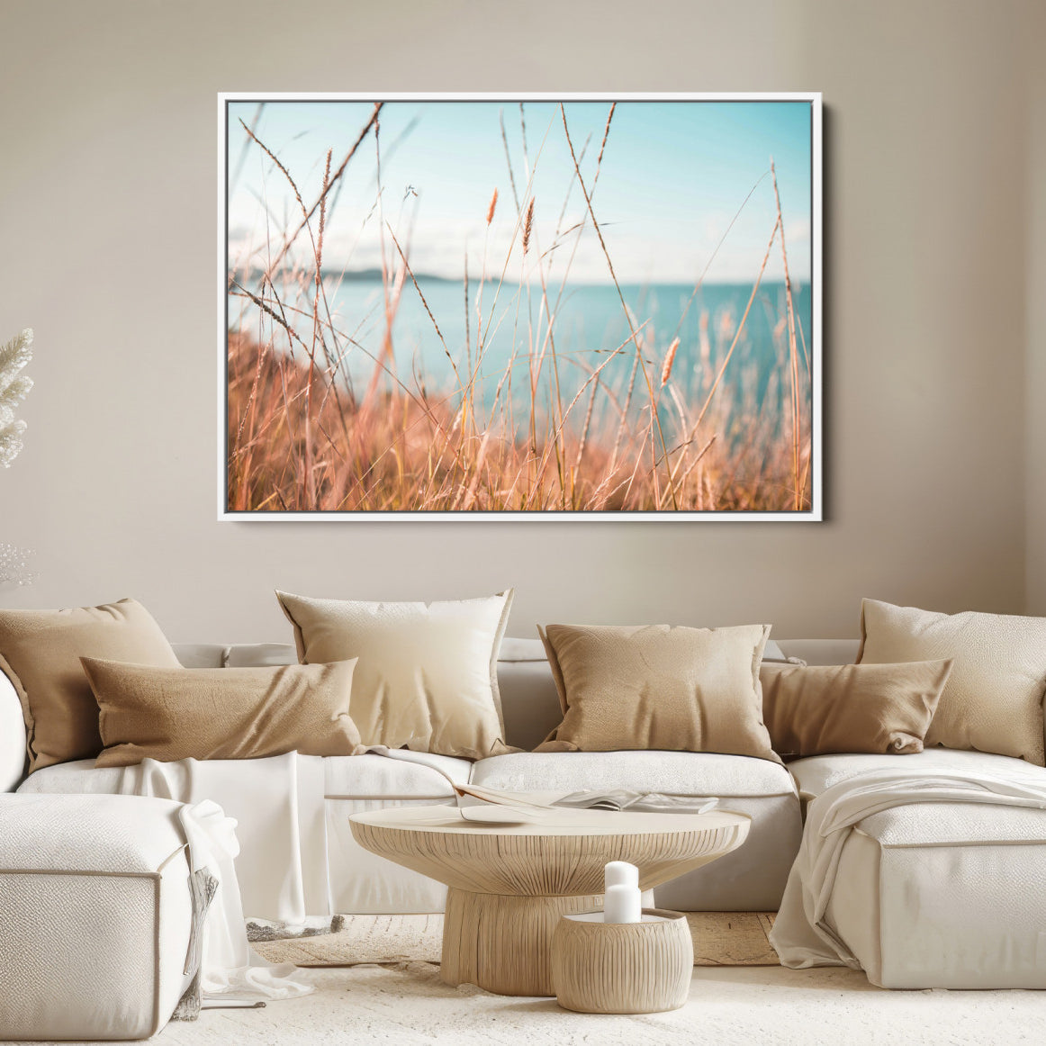36108696-MGV-FC-36X24-Coastal Grass Landscape Wall Art Canvas Print – Golden Shoreline Nature Scene Serene Ocean View Artwork for Home Office