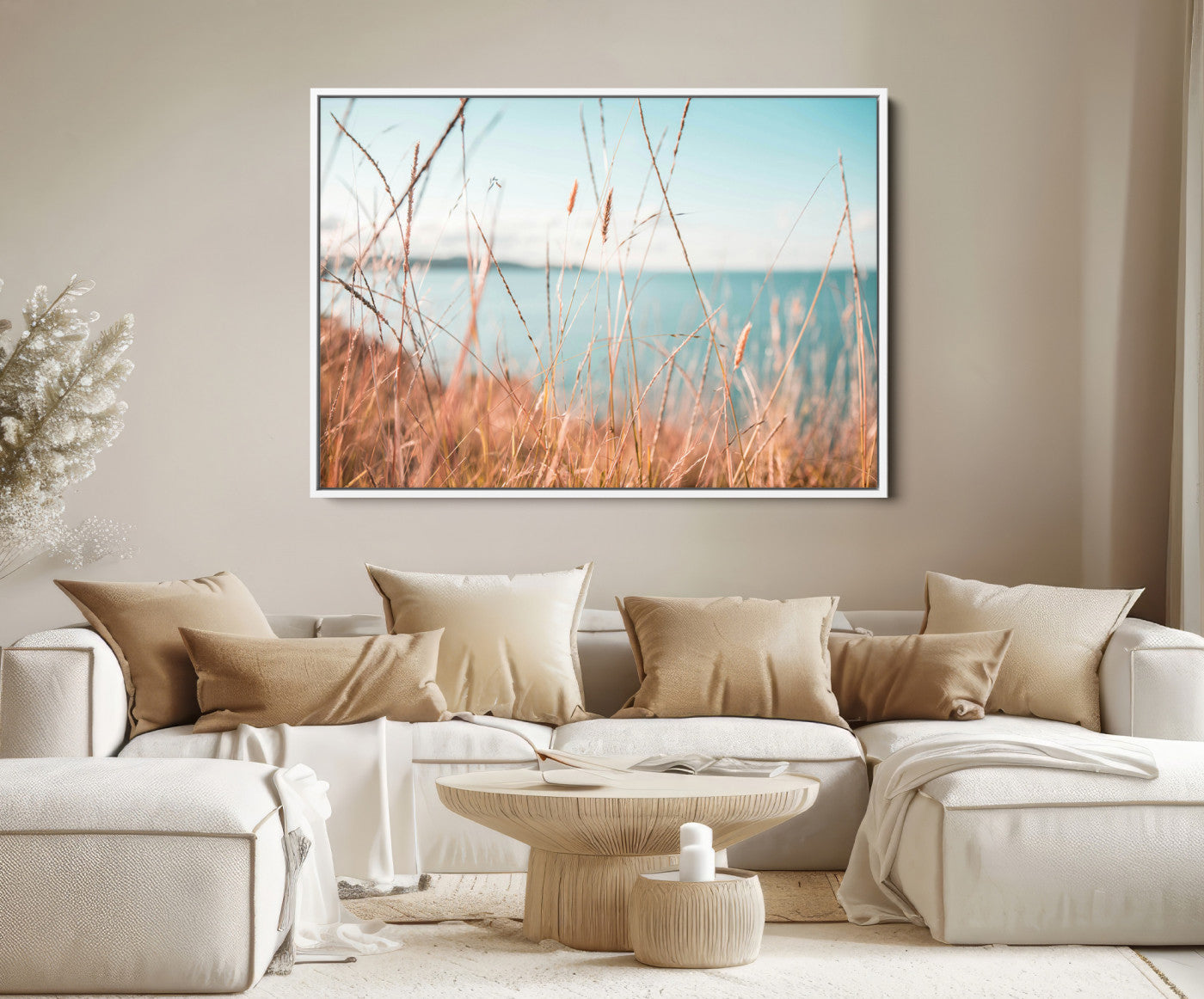 36108696-MGV-FC-36X24-Coastal Grass Landscape Wall Art Canvas Print – Golden Shoreline Nature Scene Serene Ocean View Artwork for Home Office