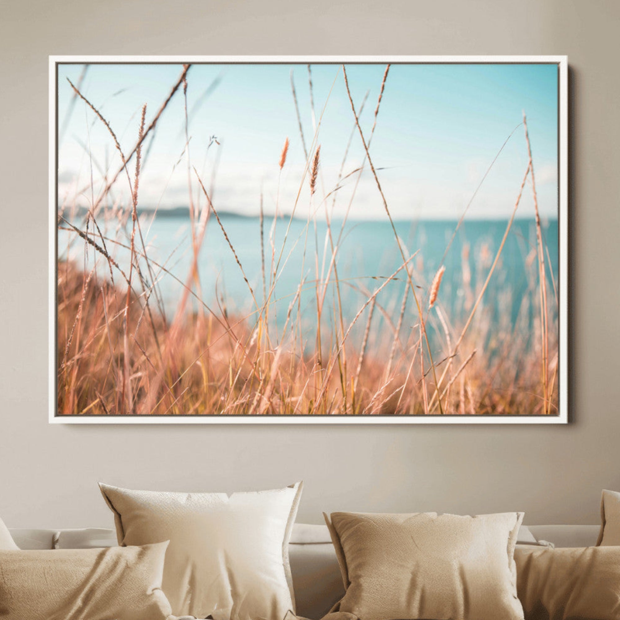 36108696-MGV-FC-36X24_White-Golden Beach Grass Ocean Breeze Soft Focus Tranquil Coastal Calm Blue Sky Seascape Nature Wall Art Canvas Print