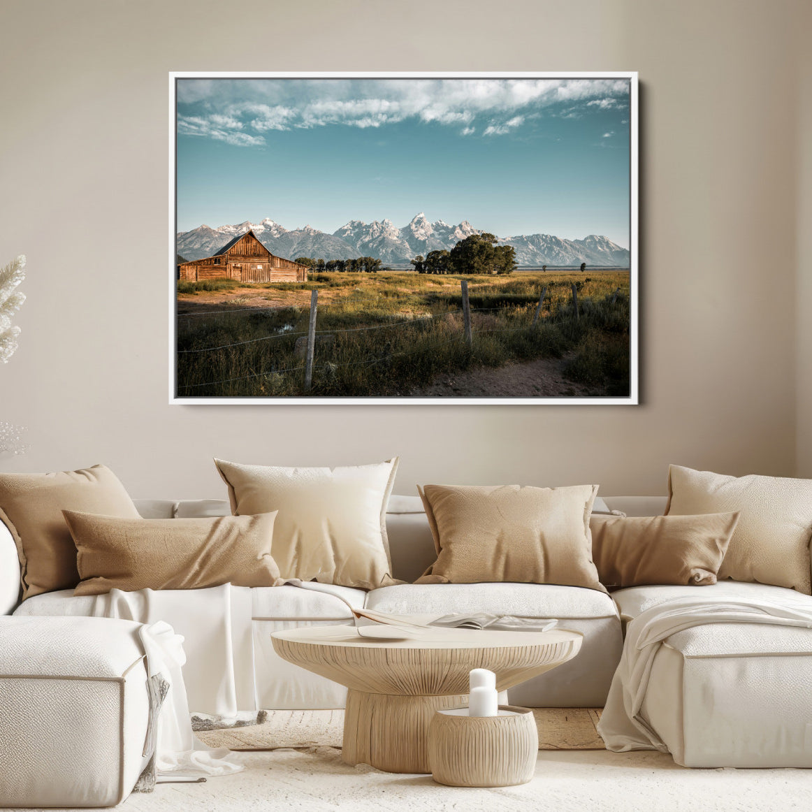 92497443-MGV-FC-36X24-Rustic Farmhouse Wall Art Canvas Print – Framed Mountain Cabin Western Landscape Scene Artwork for Home Office