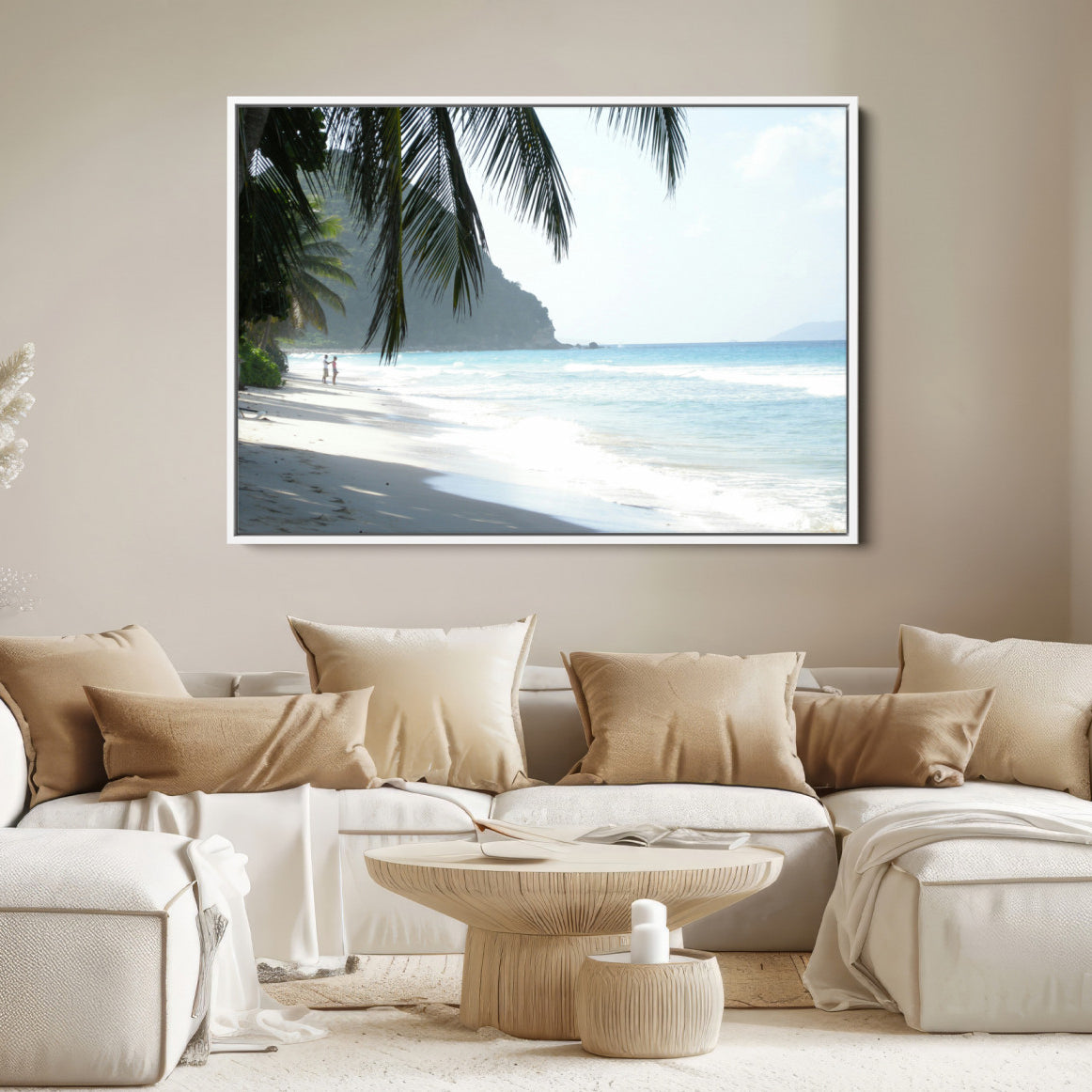 18311030-MGV-FC-36X24-Tropical Beach Wall Art Canvas Print – Framed Serene Ocean Scene Palm Tree Shadows Coastal Nature Artwork for Home Office