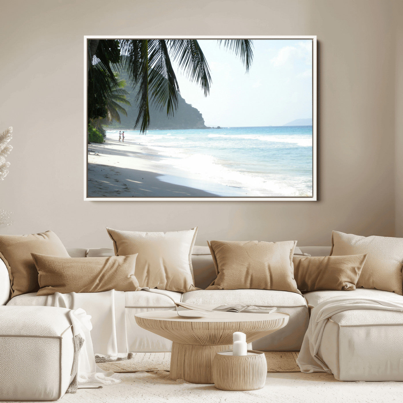 Tropical beach with palm tree shadows, white sand, and turquoise ocean waves, creating a serene and relaxing island escape atmosphere.