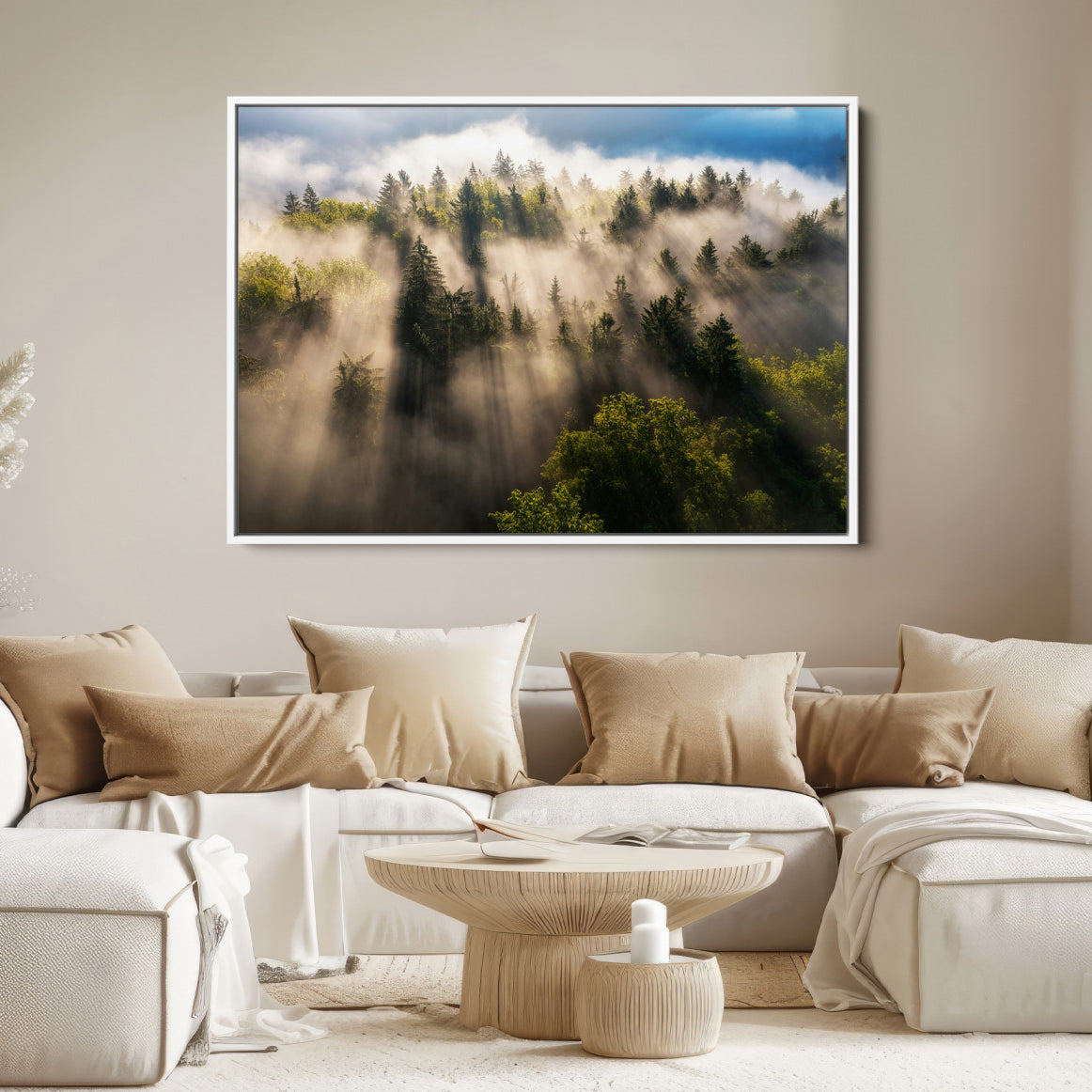 14785710-MGV-FC-36X24-Tranquil Forest Scene Wall Art Canvas Print – Framed Moody Sunbeam Through Trees Nature Artwork for Home Office