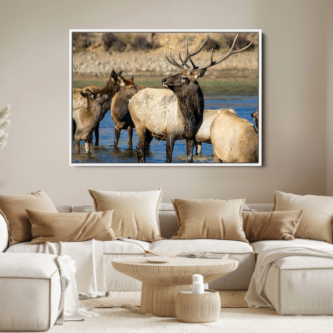 21531692-MGV-FC-36X24-Wild Elk Wall Art Canvas Print – Framed Neutral Wildlife Rustic Forest Scene Photography Artwork for Home Office
