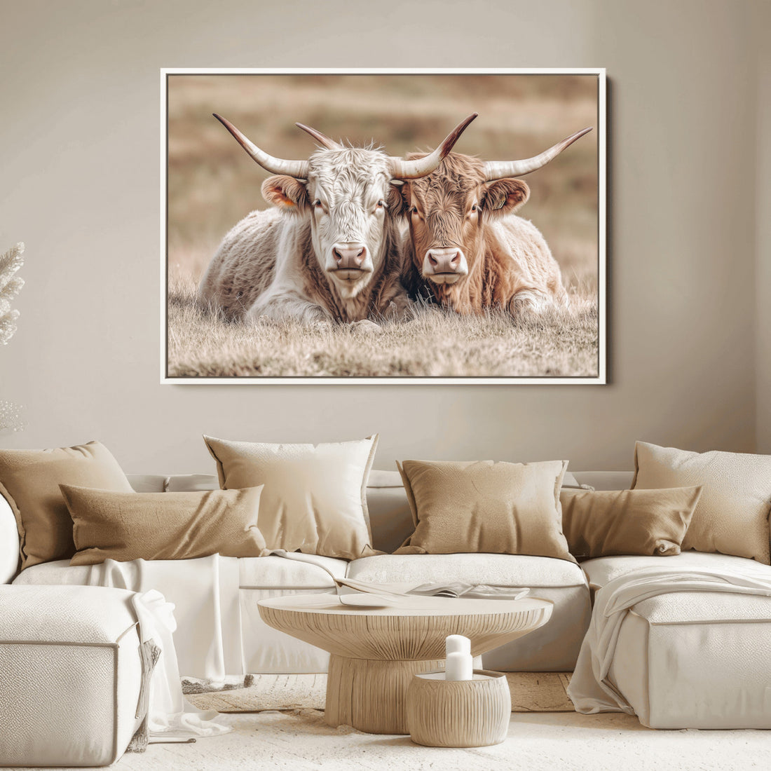 Couple Highland Cows Wall Art Canvas Print, Peaceful Meadow Farmhouse Scene