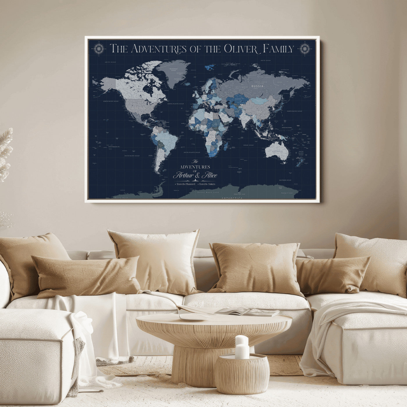 -Personalized Family Adventure World Map – Custom Framed Push Pin Travel Tracker Canvas, Elegant Wall Art for Home, Office