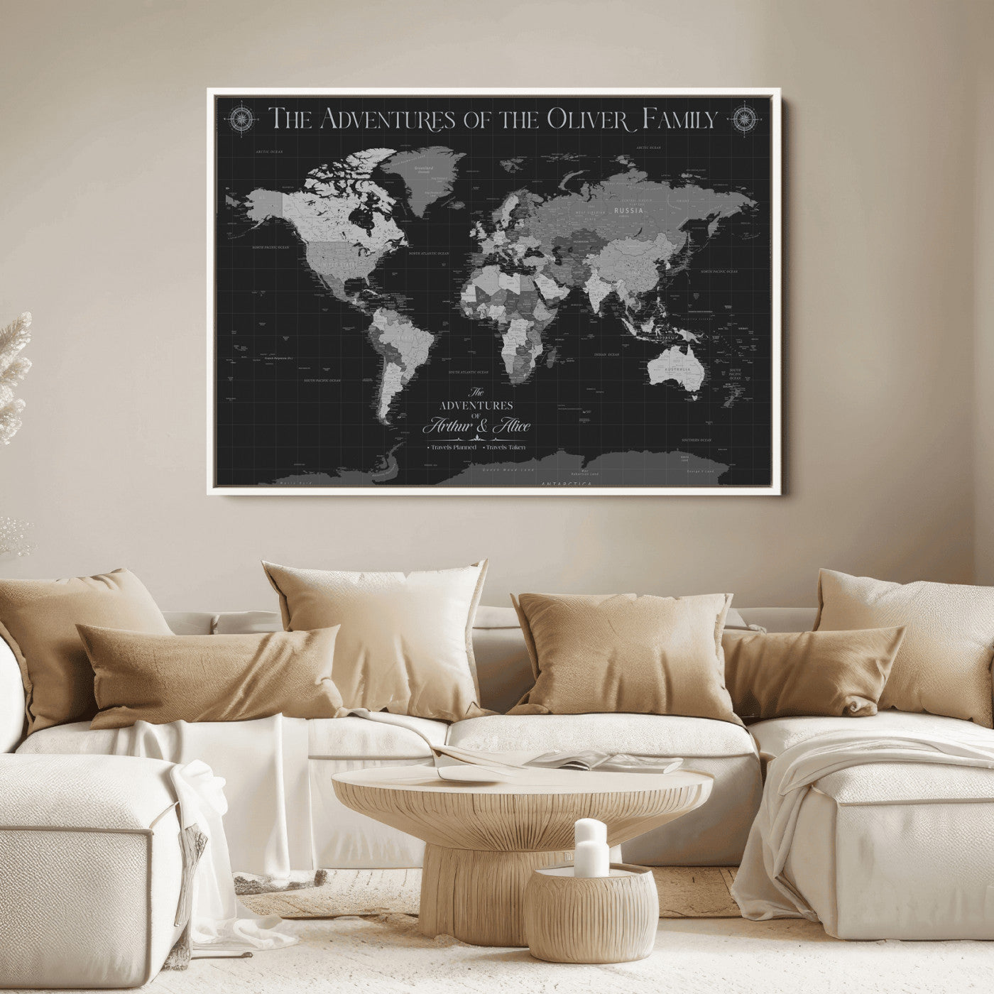 -Personalized Family World Map Canvas – Custom Framed Push Pin Travel Tracker, Modern Adventure Wall Art for Home, Office