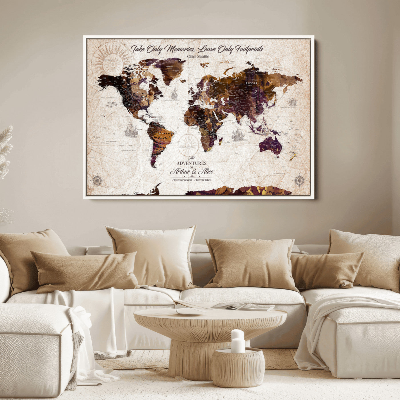-Personalized World Map Canvas – Custom Framed Push Pin Travel Tracker, Elegant Wall Art Gift for Couples for Home, Office