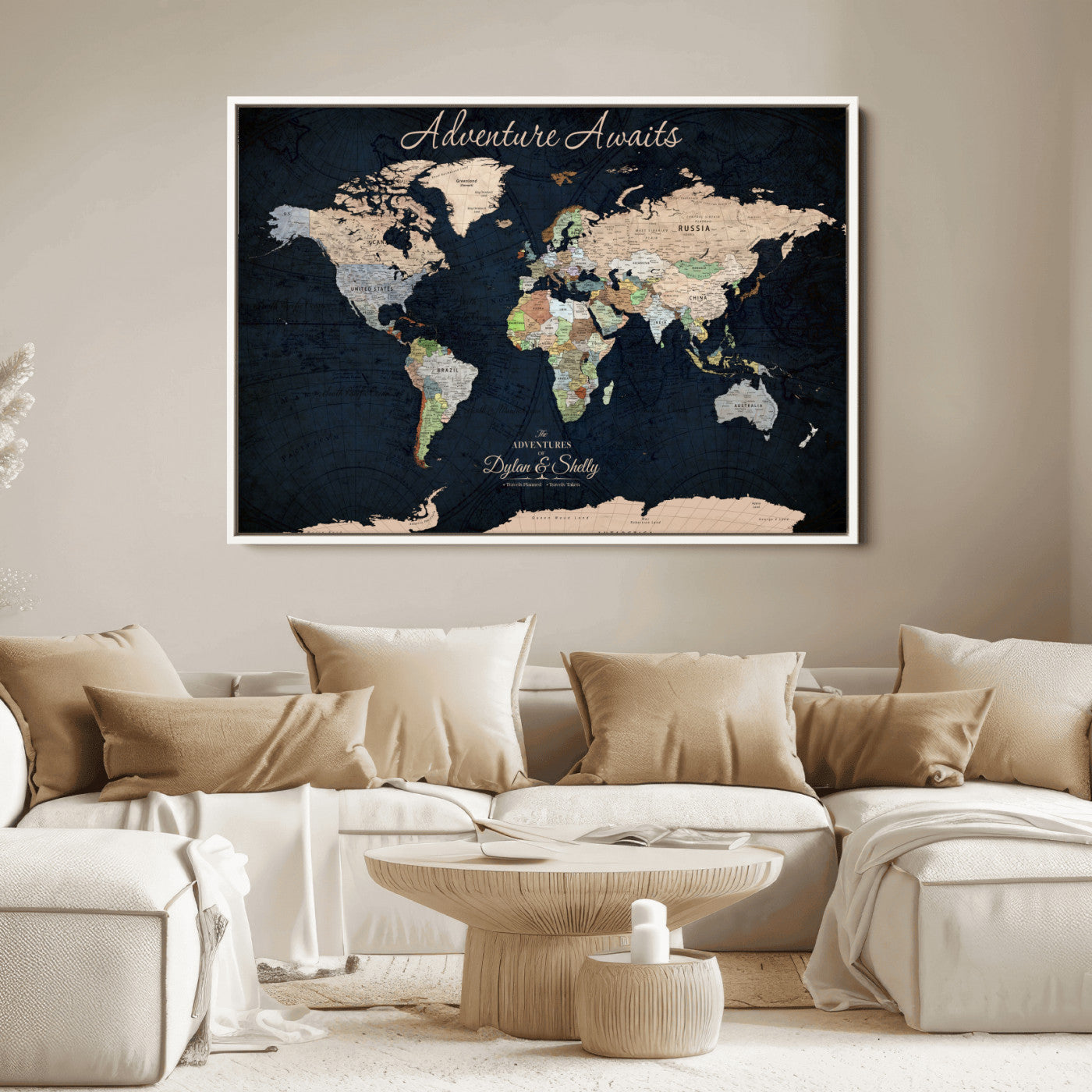 Rehber01-MGV-CV-36X24-Personalized World Map Canvas Print – Framed Push Pin Travel Wall Art for Couples – Adventure & Anniversary Gift