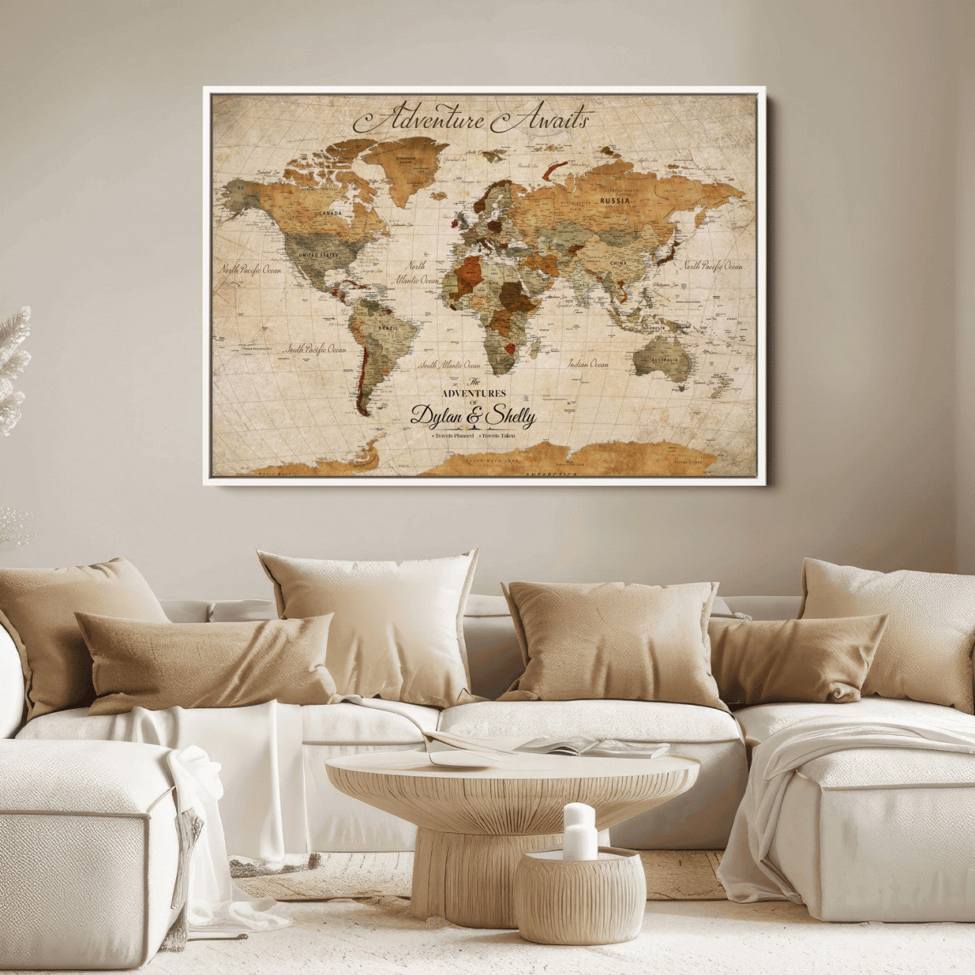 Rehber01-MGV-CV-36X24-Personalized Push Pin World Map Canvas Print – Custom Adventure Travel Map, Framed Wall Art Gift for Couples or Family
