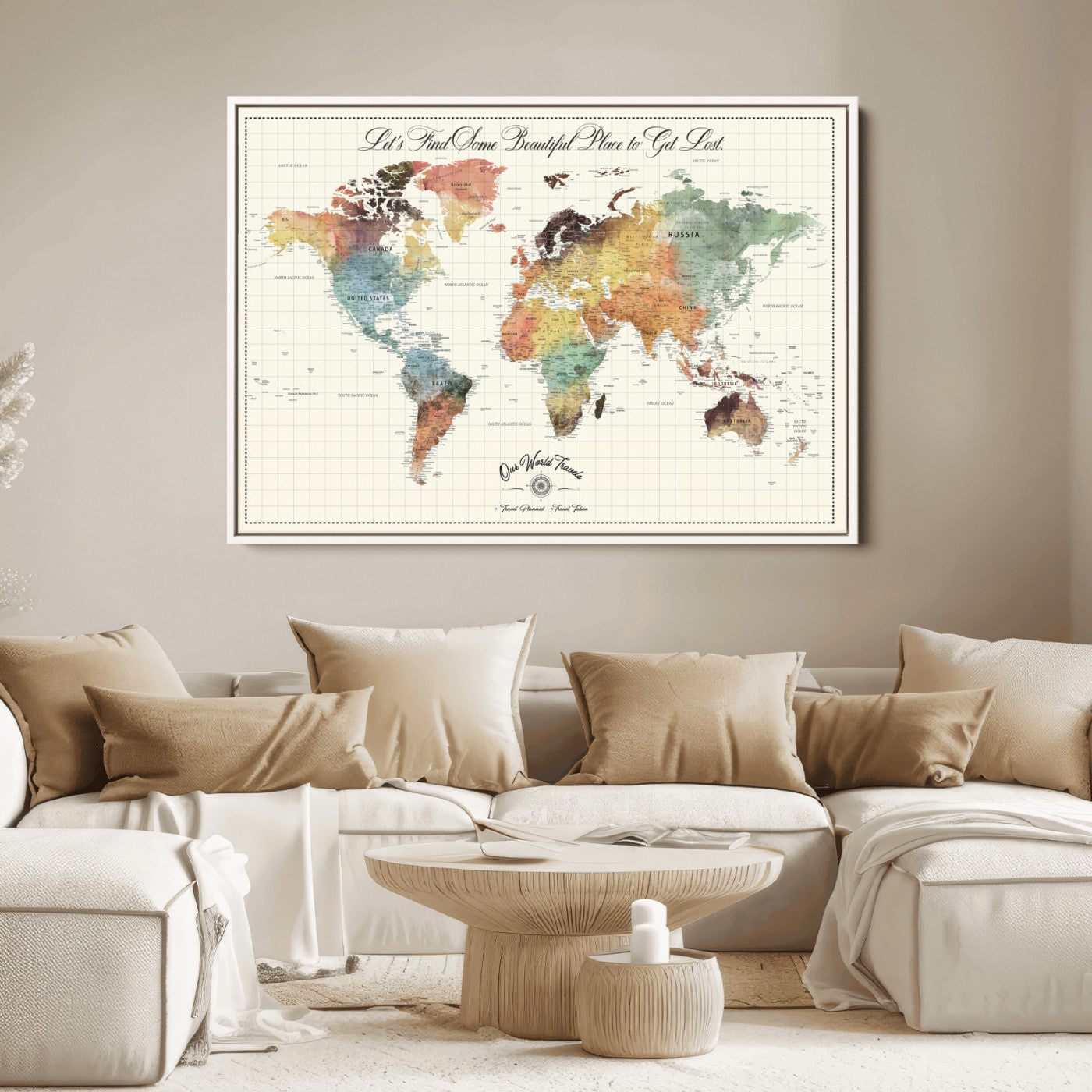 -Personalized Push Pin World Map Canvas Print – Custom Adventure Travel Tracker Map, Framed Wall Art Gift for Couples or Family