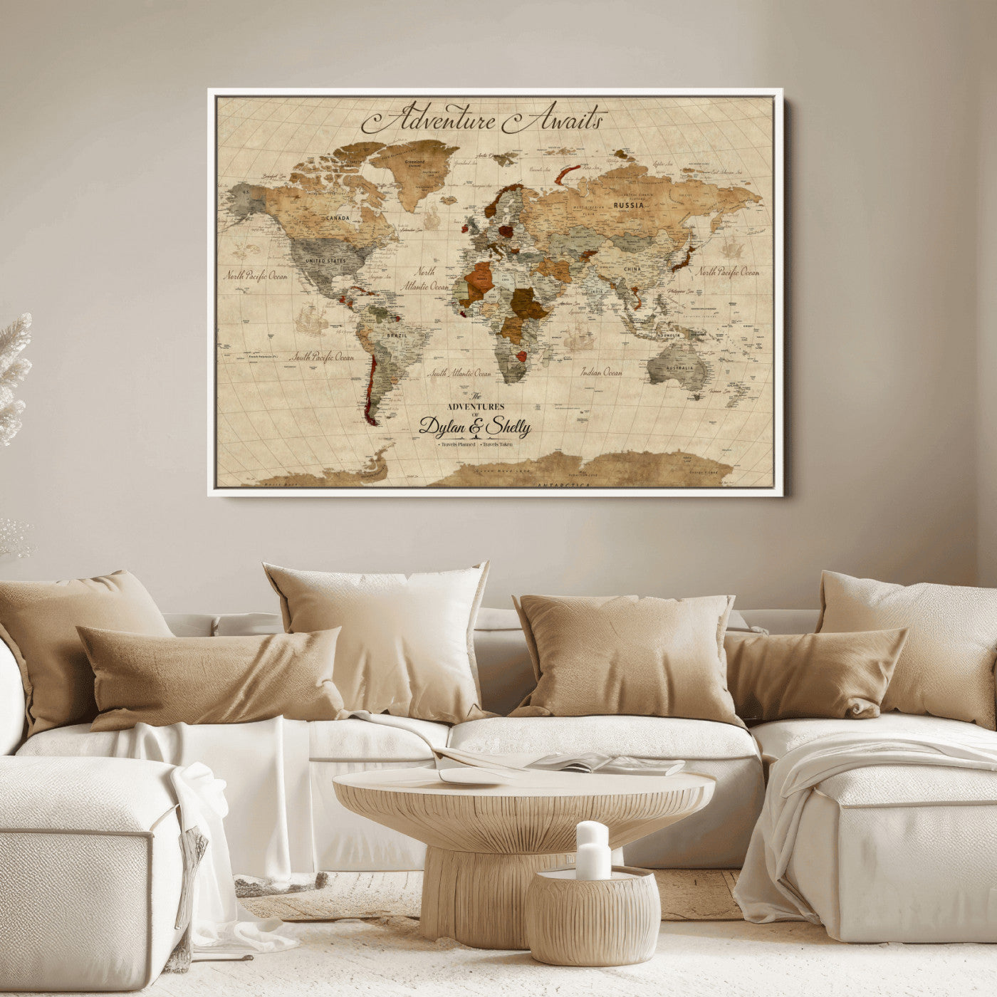 Rehber01-MGV-CV-36X24-Personalized World Map Canvas – Custom Framed Push Pin Travel Map Wall Art with Names, Vintage Style Gift for Couples