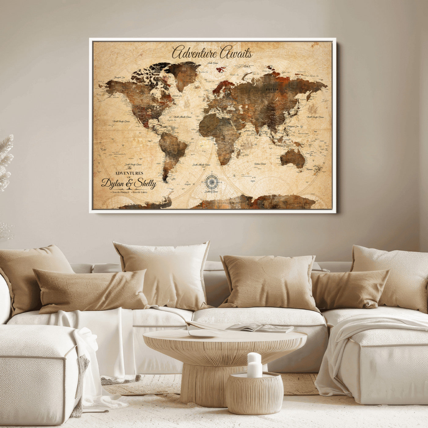 Rehber01-MGV-CV-36X24-Personalized World Map Canvas Wall Art – Custom Framed Push Pin Travel Tracker Print, Unique Gift for Home or Office Decor