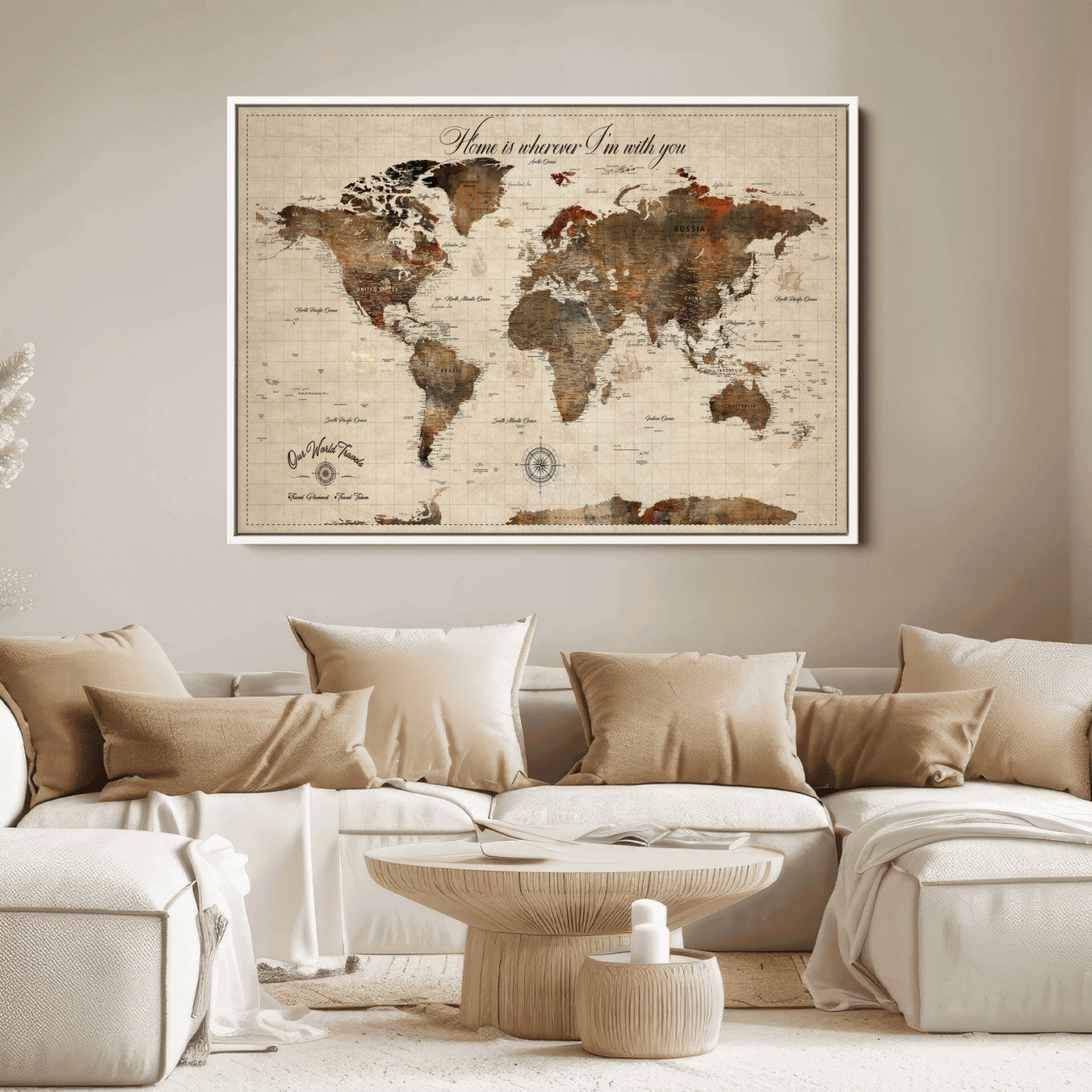 Rehber01-MGV-CV-36X24-Personalized World Map Canvas Wall Art – Custom Framed Push Pin Travel Tracker Print, Unique Gift for Home or Office Decor