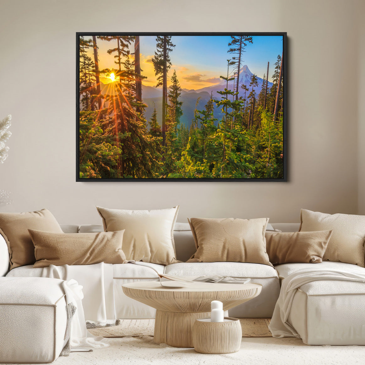 83544043-MGV-FC-36X24-Forest Sunset Wall Art Canvas Print, Framed Sunset Trees Art Picture Print, Green Pines Perfect