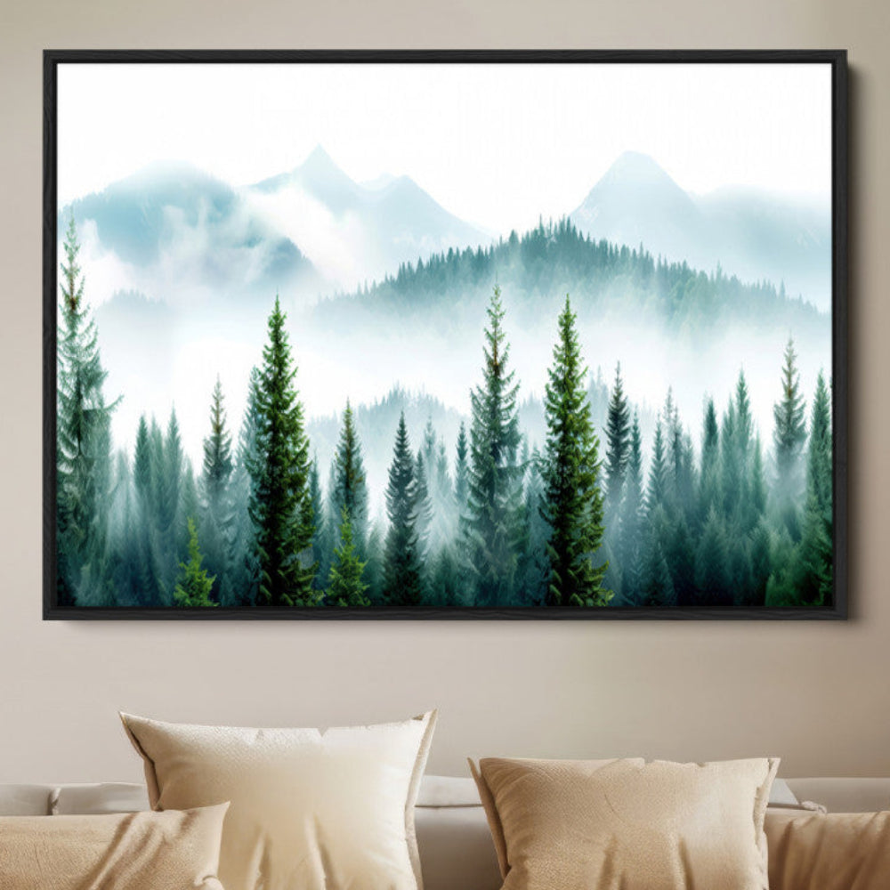 16716676-MGV-FC-36X24-Pine Forest Wall Art Canvas Print – Misty Mountains Foggy Trees Serene Woodland Landscape Artwork for Home Office