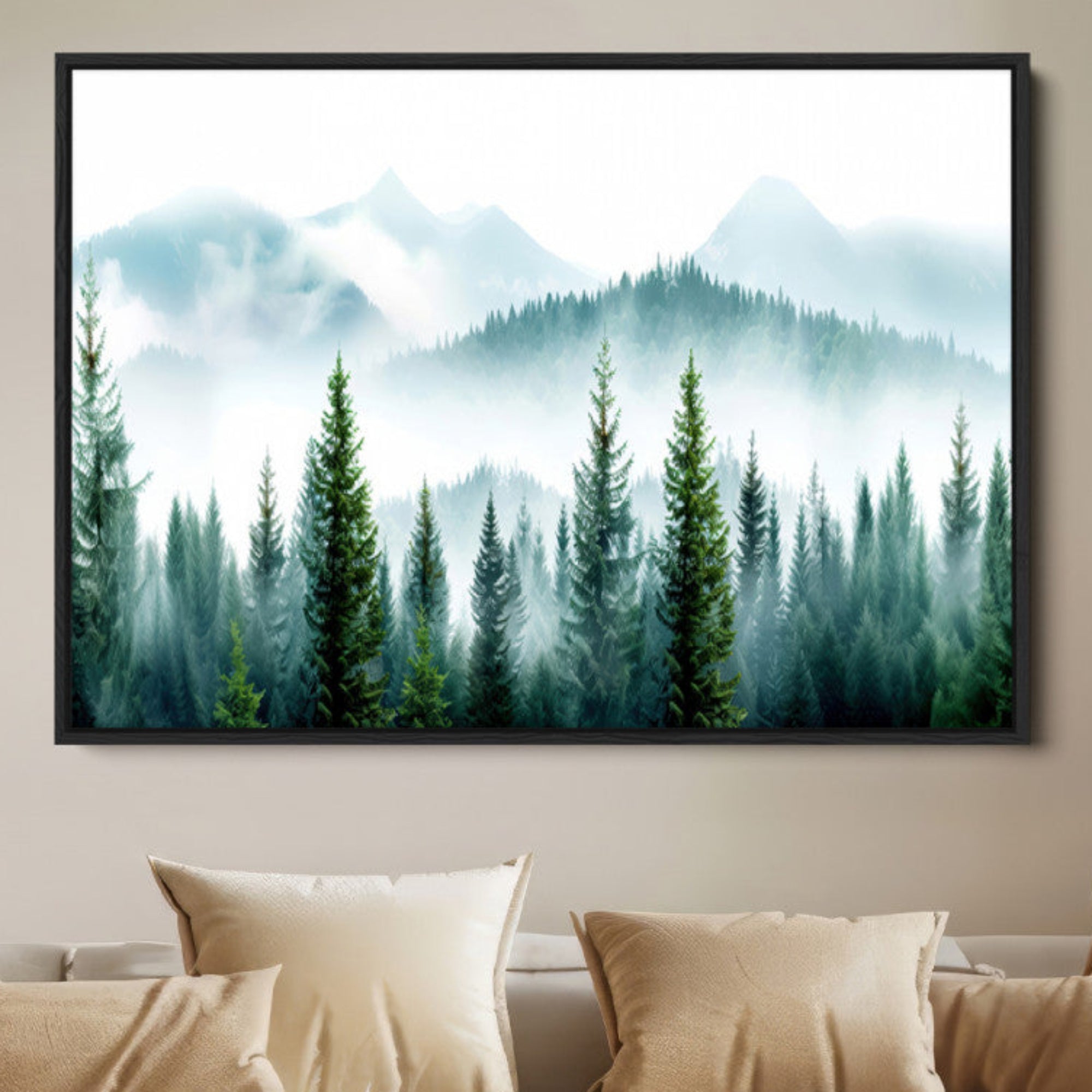 16716676-MGV-FC-36X24-Pine Forest Wall Art Canvas Print – Misty Mountains Foggy Trees Serene Woodland Nature Artwork for Home Office