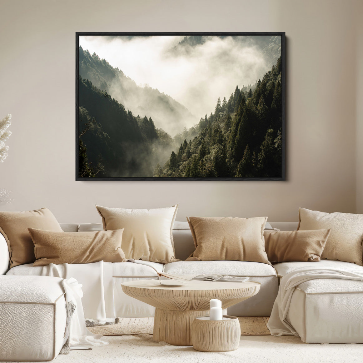 57570237-MGV-FC-36X24-Misty Valley Canvas Print, Framed Foggy Forest Art Picture Print, Pine Trees Perfect Moody Woodland