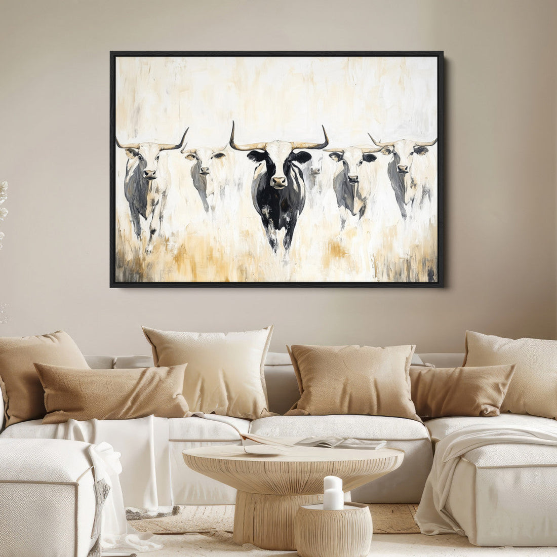 Texas Longhorn Wall Art Canvas Print | Rustic Western Bull in Neutral Tones