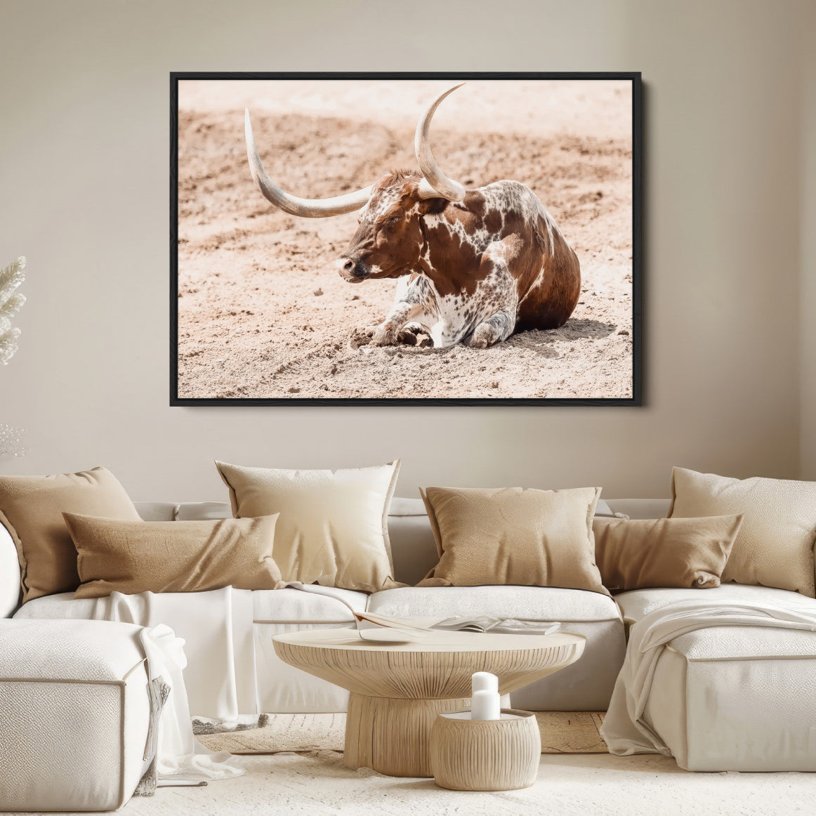 91248682-MGV-FC-36X24-Texas Longhorn Wall Art Canvas Print, Framed Resting Bull Art Picture Print, Spotted Cattle Perfect